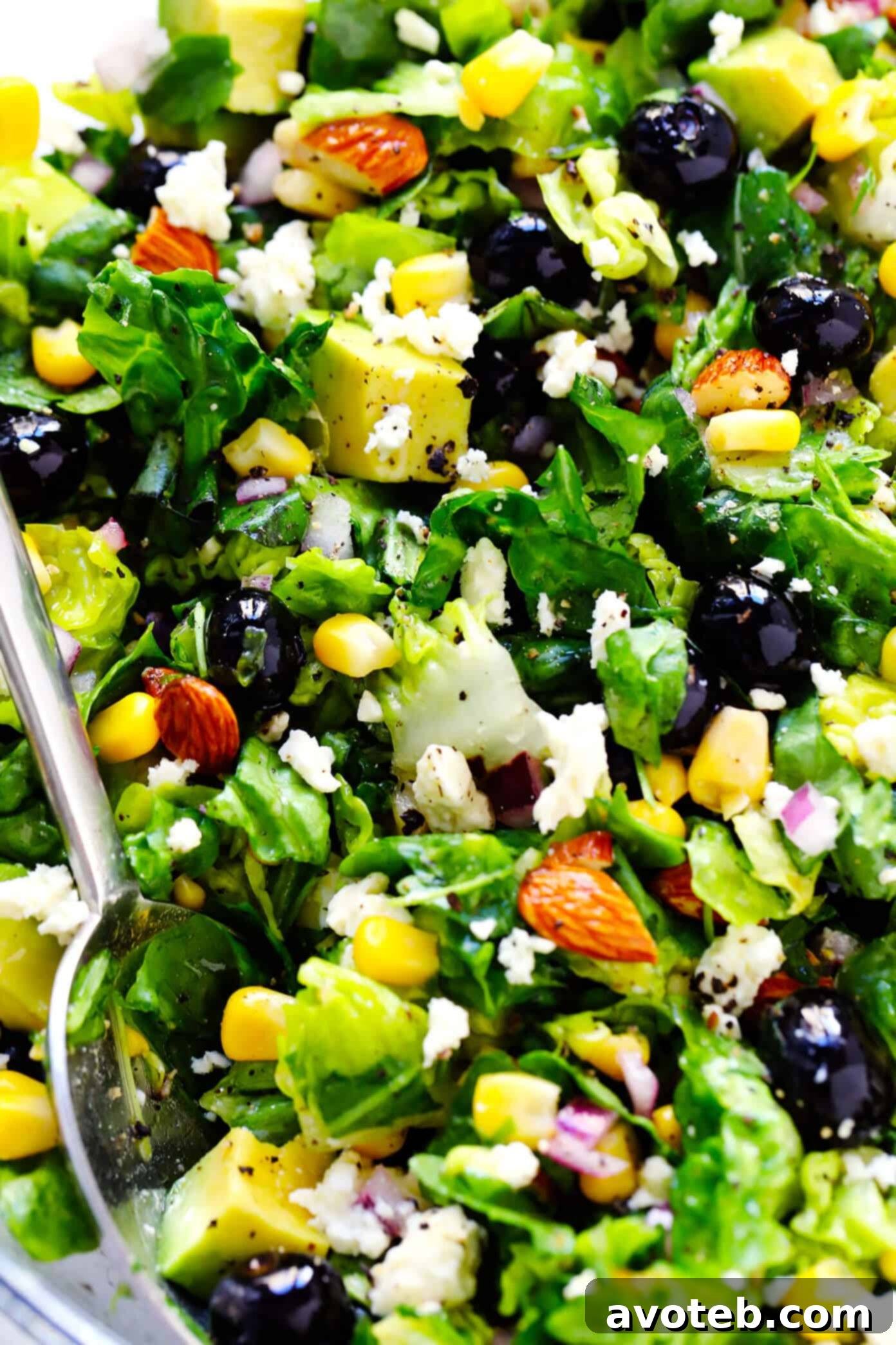 Closeup of blueberry, avocado and corn salad