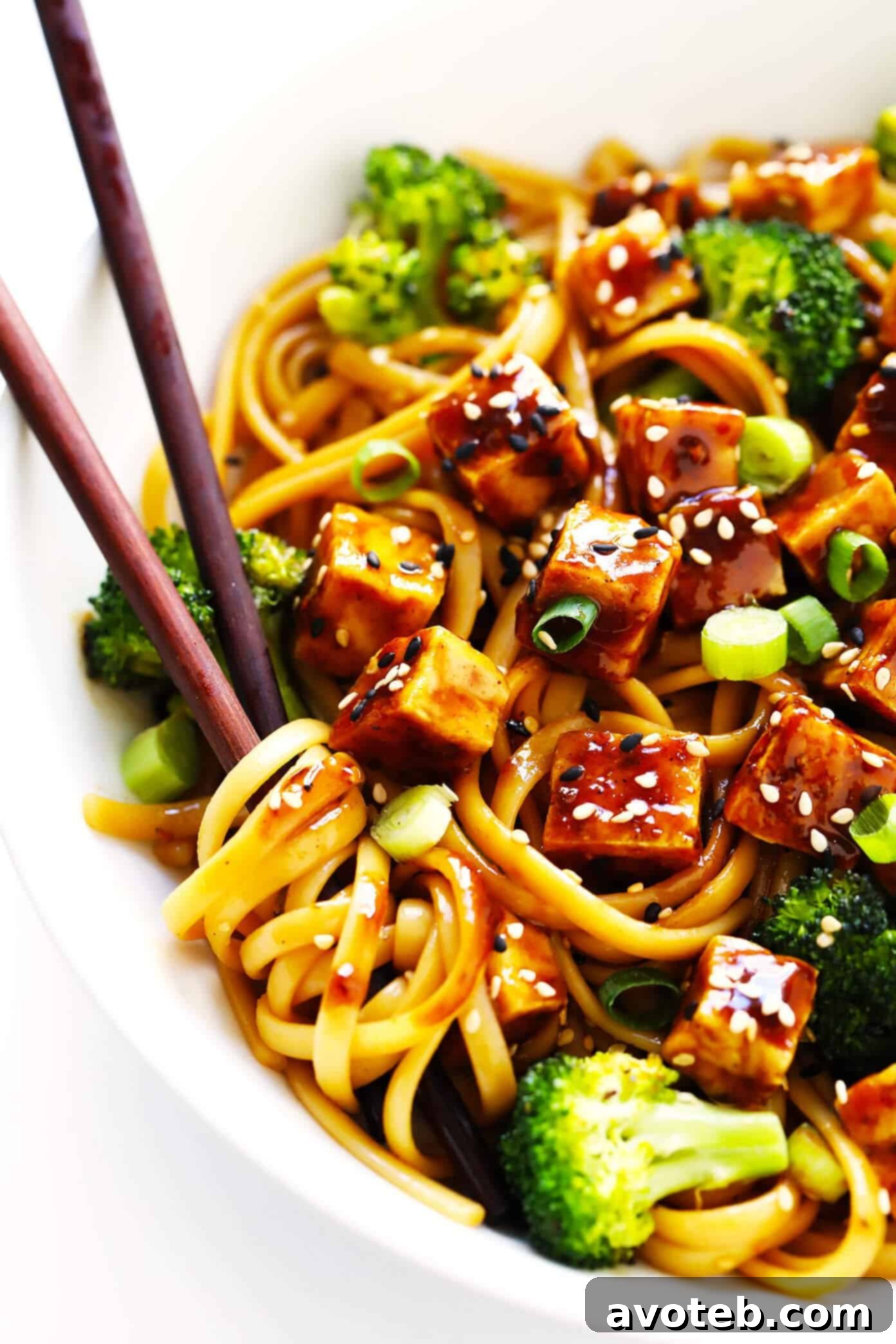 Beautifully arranged Five Spice Tofu Bowls with Sesame Noodles, ready to serve.