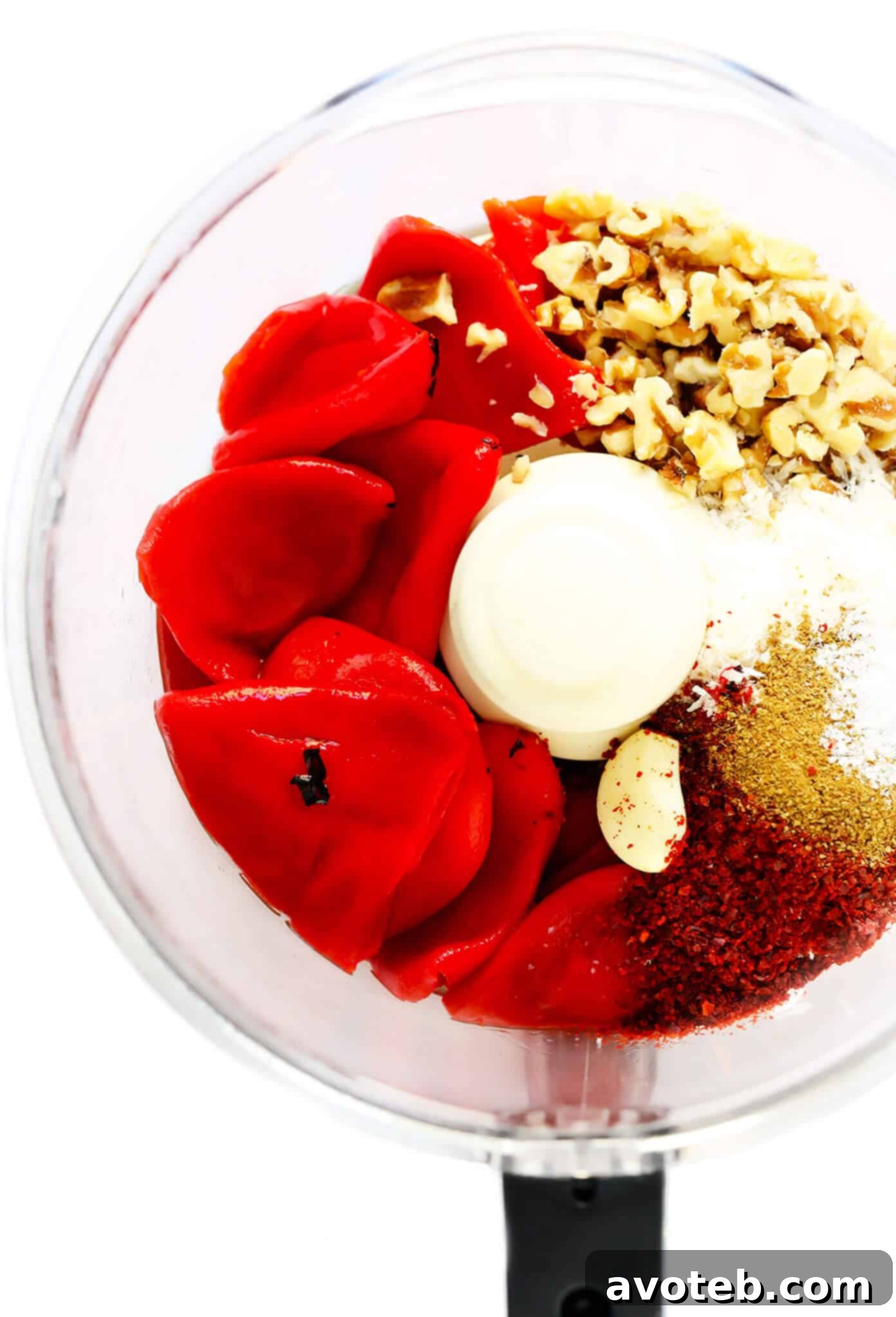 Muhammara Ingredients Being Blended in a Food Processor