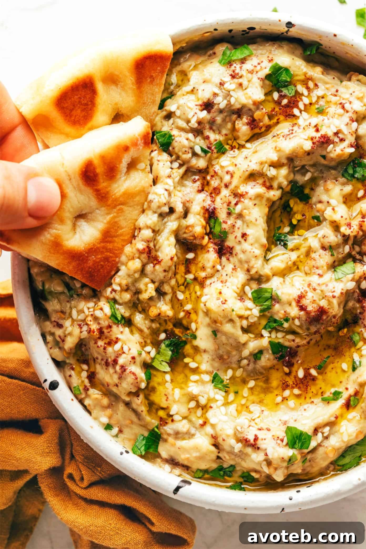 A bowl of homemade Baba Ganoush garnished with olive oil, parsley, and sumac, surrounded by fresh pita bread for dipping.