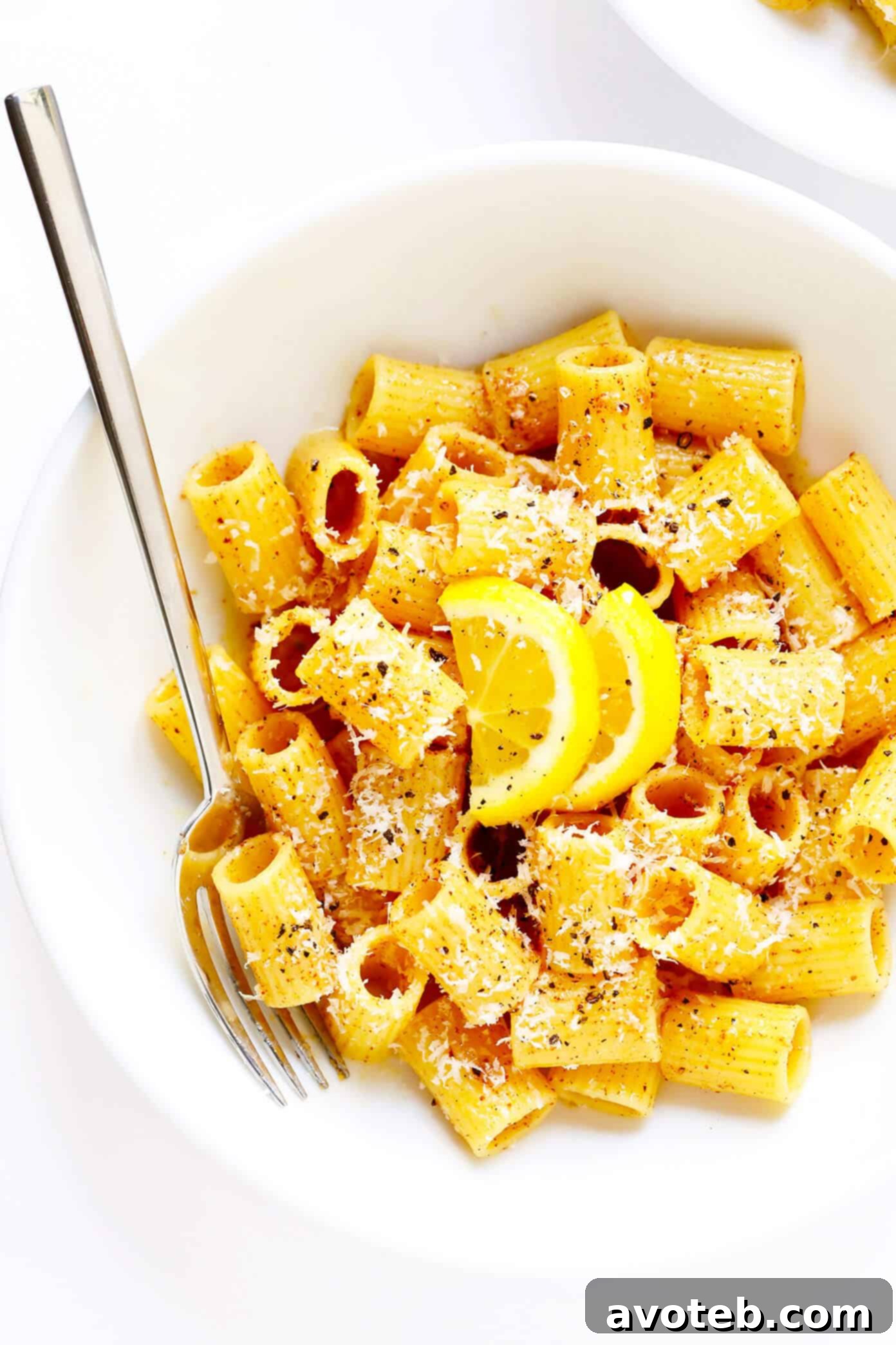 Brown Butter Lemon Pasta presented beautifully in a large serving dish, ready to be enjoyed.