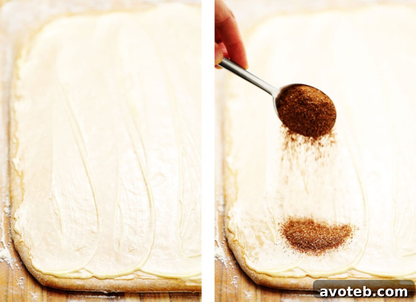 Spreading the sweet butter and aromatic cinnamon-sugar filling evenly over the rolled-out pumpkin cinnamon roll dough.
