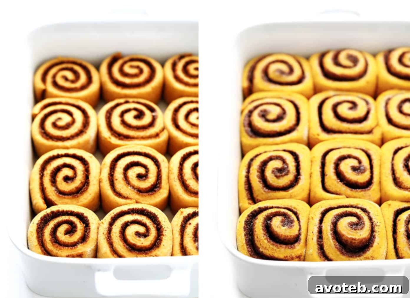A visual comparison of the pumpkin cinnamon roll dough before and after baking, showcasing the impressive rise and golden finish.