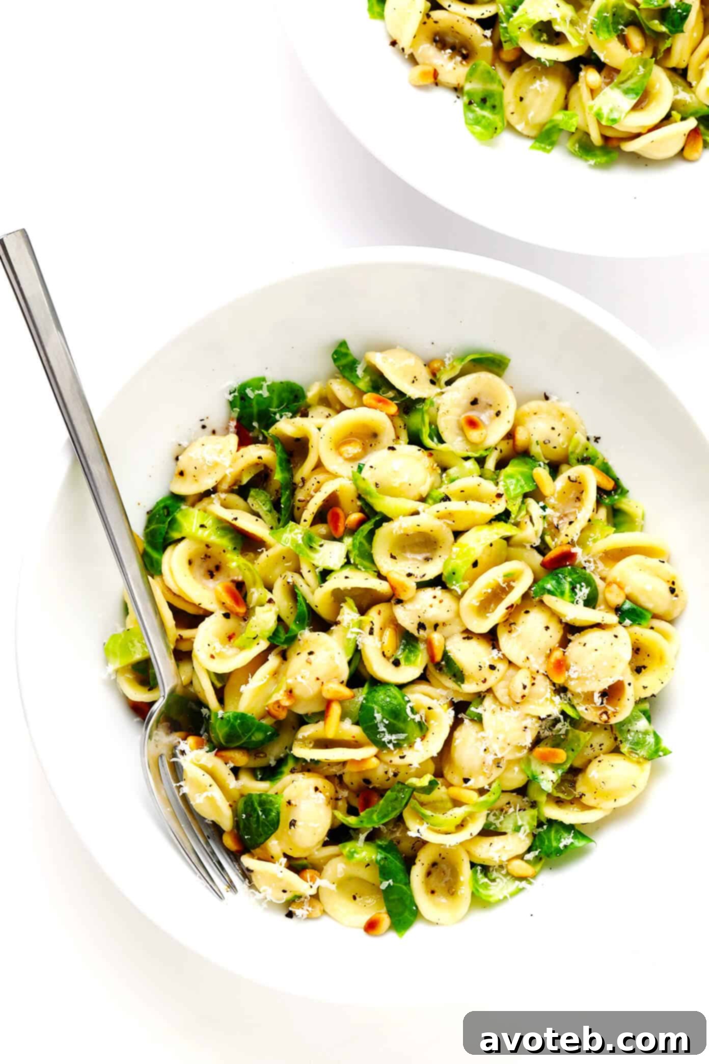 Brussels Sprouts Parmesan Pasta served in elegant bowls