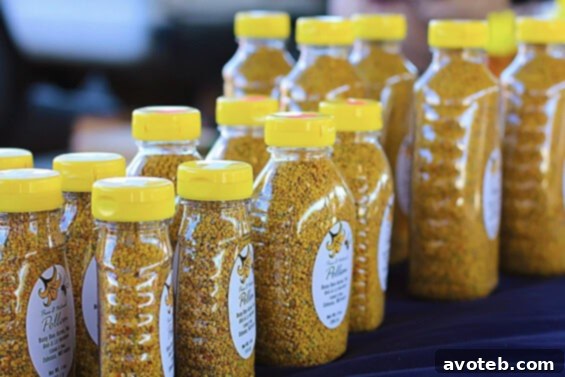 Fresh bee pollen for sale, rich in nutrients Close-up of golden bee pollen granules, a natural health supplement