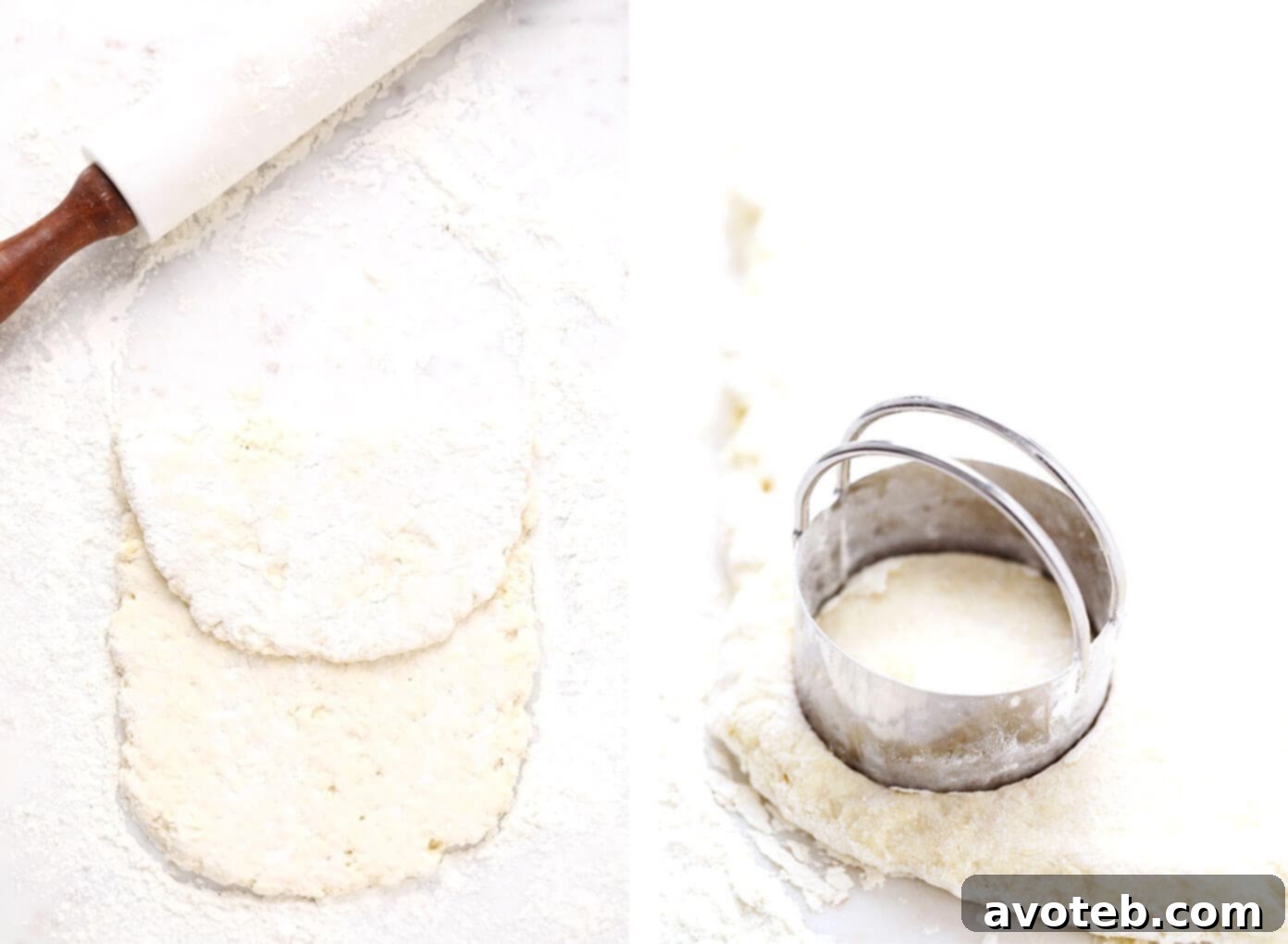 My favorite homemade buttermilk biscuit recipe -- easy to make, perfectly soft and tall and flaky, and always SO buttery and delicious. Serve them for breakfast with jam or gravy, as a side dish for lunch or dinner, or as a topping for chicken pot pie or your favorite casserole! | gimmesomeoven.com #biscuit #roll #bread #recipe #buttermilk #breakfast #brunch #side #vegetarian #baking Rolling out biscuit dough and cutting with a biscuit cutter for perfect flaky biscuits.