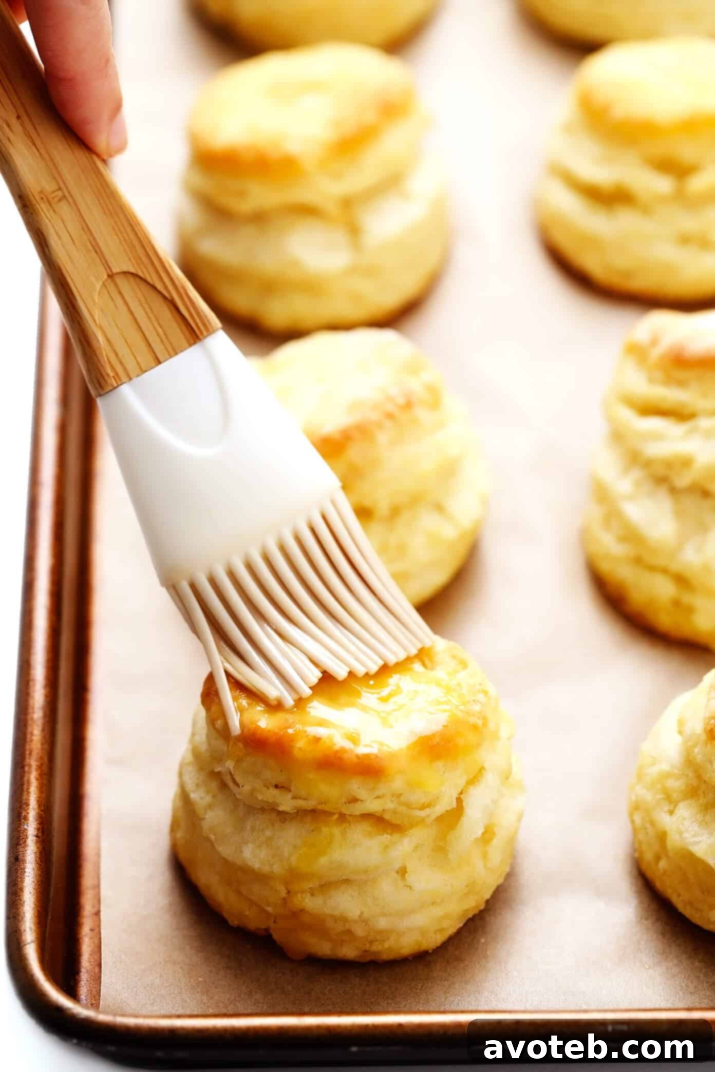 My favorite homemade buttermilk biscuit recipe -- easy to make, perfectly soft and tall and flaky, and always SO buttery and delicious. Serve them for breakfast with jam or gravy, as a side dish for lunch or dinner, or as a topping for chicken pot pie or your favorite casserole! | gimmesomeoven.com #biscuit #roll #bread #recipe #buttermilk #breakfast #brunch #side #vegetarian #baking Brushing warm melted butter on golden homemade buttermilk biscuits fresh from the oven.