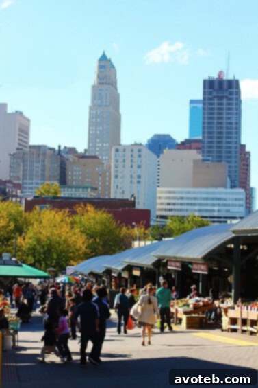 A picturesque view of the Kansas City skyline from the perimeter of The City Market, highlighting the blend of urban and traditional.