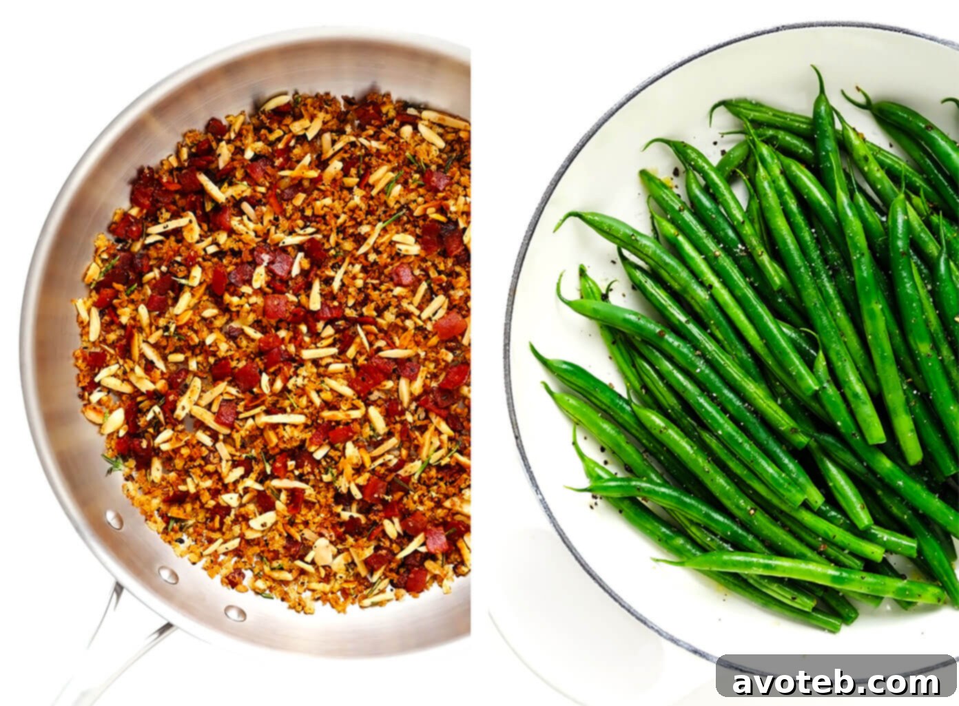 Bacon Breadcrumbs in Saute Pan with Steamed Green Beans