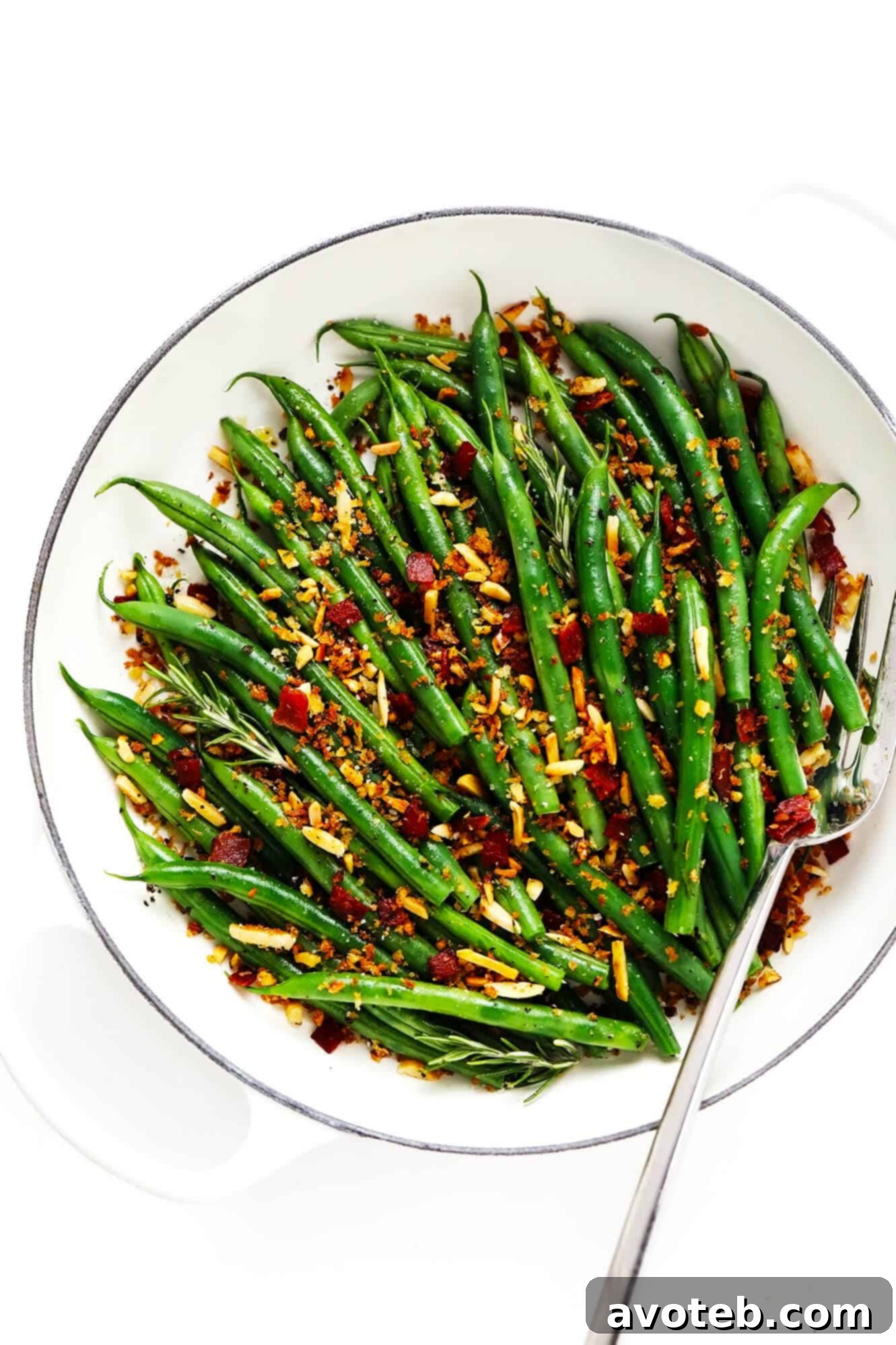 Green Beans with Bacon Breadcrumbs in Saute Pan with Fork