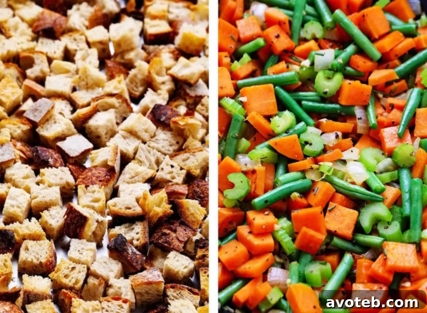Thanksgiving Feast in One Dish 3 Toasted Sourdough Croutons and Sautéed Thanksgiving Veggies like sweet potatoes, green beans, and celery being prepared