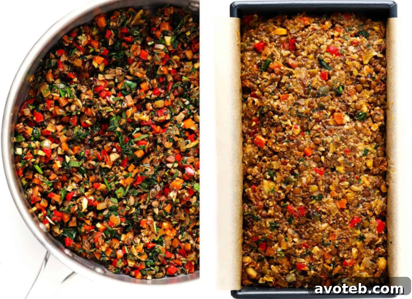 This Nut Roast recipe is packed with a deliciously sweet and savory blend of nuts, veggies, lentils, dried apricots and fresh rosemary and sage. It's easy to prep in advance, naturally gluten-free + vegetarian + vegan, and absolutely delicious served with cranberry sauce and/or gravy. Perfect for the holidays (especially Christmas, Thanksgiving or Easter) or Sunday dinner! | gimmesomeoven.com #nutroast #vegetarian #vegan #glutenfree #healthy #dinner #christmas #holiday How to prepare Nut Roast: sautéing vegetables and pressing the mixture into a bread pan