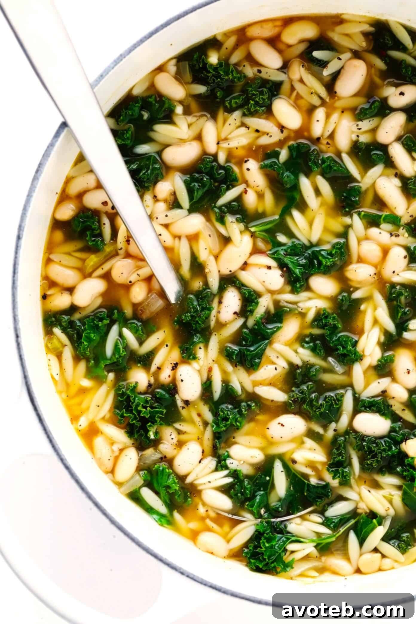 This simple Kale, White Bean and Orzo Soup is made with a cozy lemony-rosemary broth, topped with Parmesan cheese, and ready to go in just 30 minutes! A great vegetarian dinner recipe, or feel free to add a protein (chicken, bacon or sausage) if you'd like! | gimmesomeoven.com #soup #orzo #kale #bean #vegetarian #vegan #dinner #healthy Hearty Kale, White Bean and Orzo Soup with Parmesan