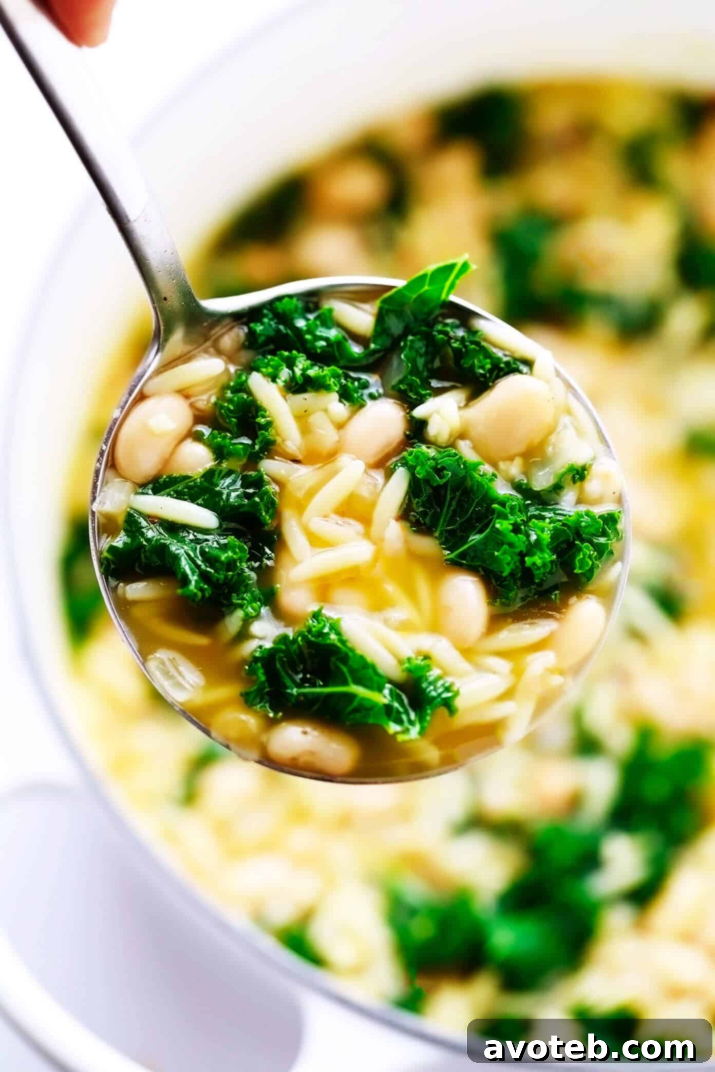 This simple Kale, White Bean and Orzo Soup is made with a cozy lemony-rosemary broth, topped with Parmesan cheese, and ready to go in just 30 minutes! A great vegetarian dinner recipe, or feel free to add a protein (chicken, bacon or sausage) if you'd like! | gimmesomeoven.com #soup #orzo #kale #bean #vegetarian #vegan #dinner #healthy Kale and White Bean Soup in a Ladle