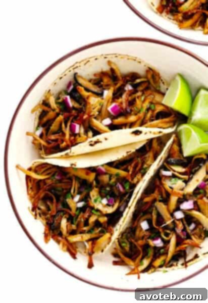 A plate of Mushroom Carnitas Tacos