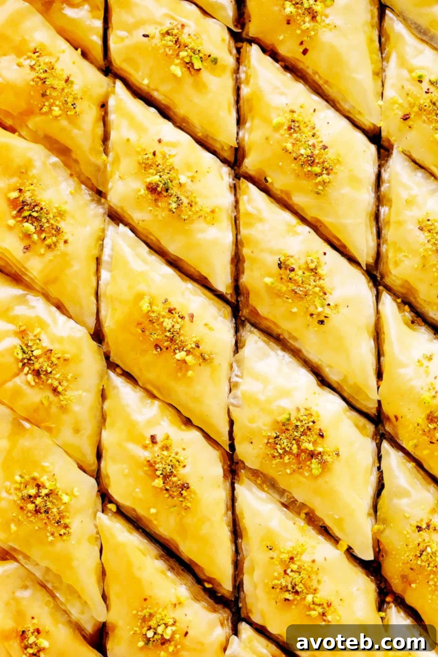 A beautifully presented whole homemade baklava, golden and inviting, garnished with nuts and glistening with syrup, ready to be sliced and served.