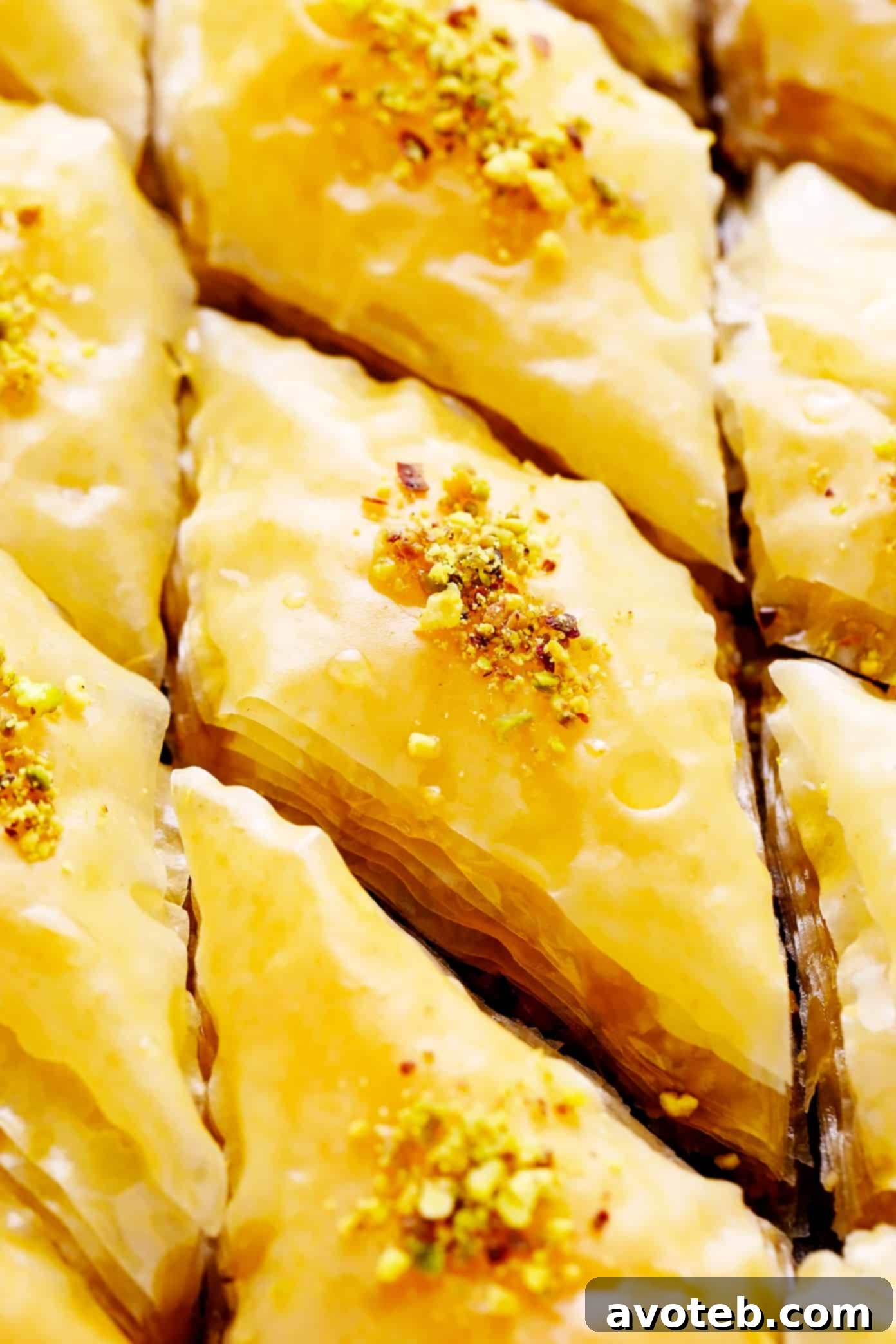 A close-up view of a slice of homemade baklava, showcasing the distinct layers of crispy phyllo, rich nut filling with pistachios and walnuts, and glistening honey syrup.