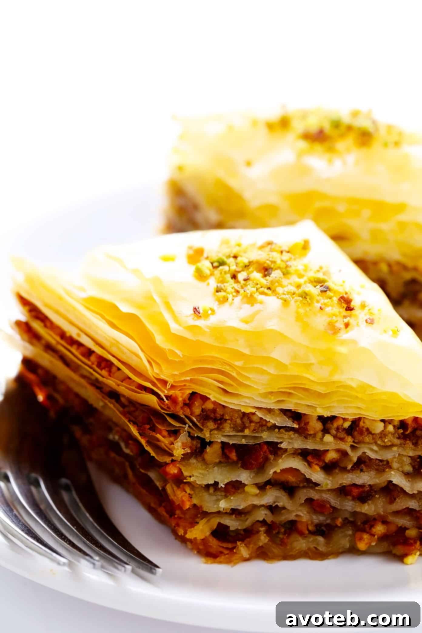 Several individual pieces of homemade baklava, perfectly golden and drizzled with honey syrup, arranged beautifully on a serving plate.