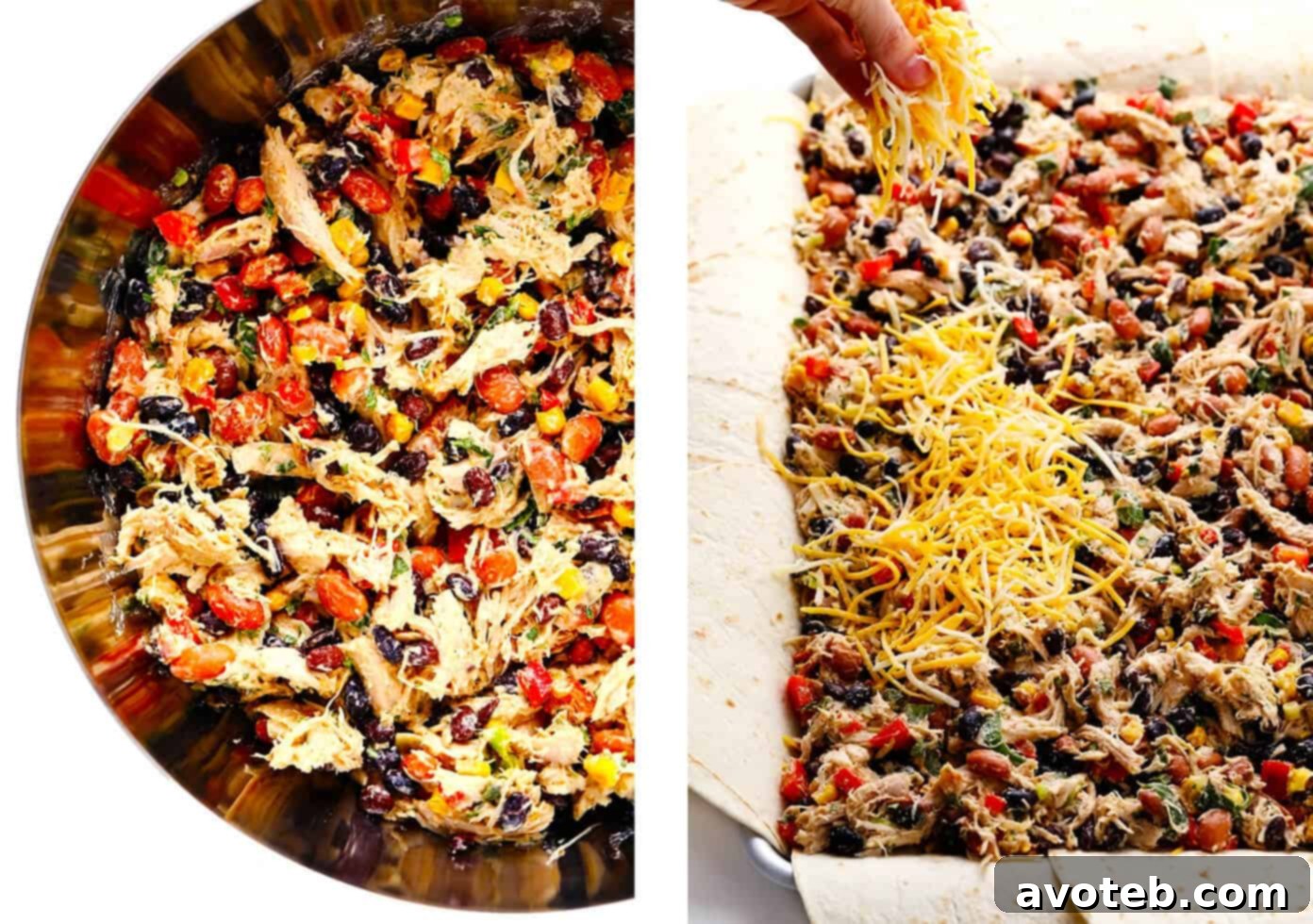 This party-sized chicken sheet pan quesadilla recipe is filled with a zesty mix of cheese, beans, veggies and baked up in a large sheet pan to feed a crowd. Serve as an appetizer, dinner entrée or game day snack with guacamole, salsa, sour cream or any of your favorite dips and enjoy! | gimmesomeoven.com #chicken #quesadilla #mexican #gameday #dinner #party #appetizer #cheese Step-by-step guide showing how to layer tortillas with chicken filling and cheese on a sheet pan for quesadillas.