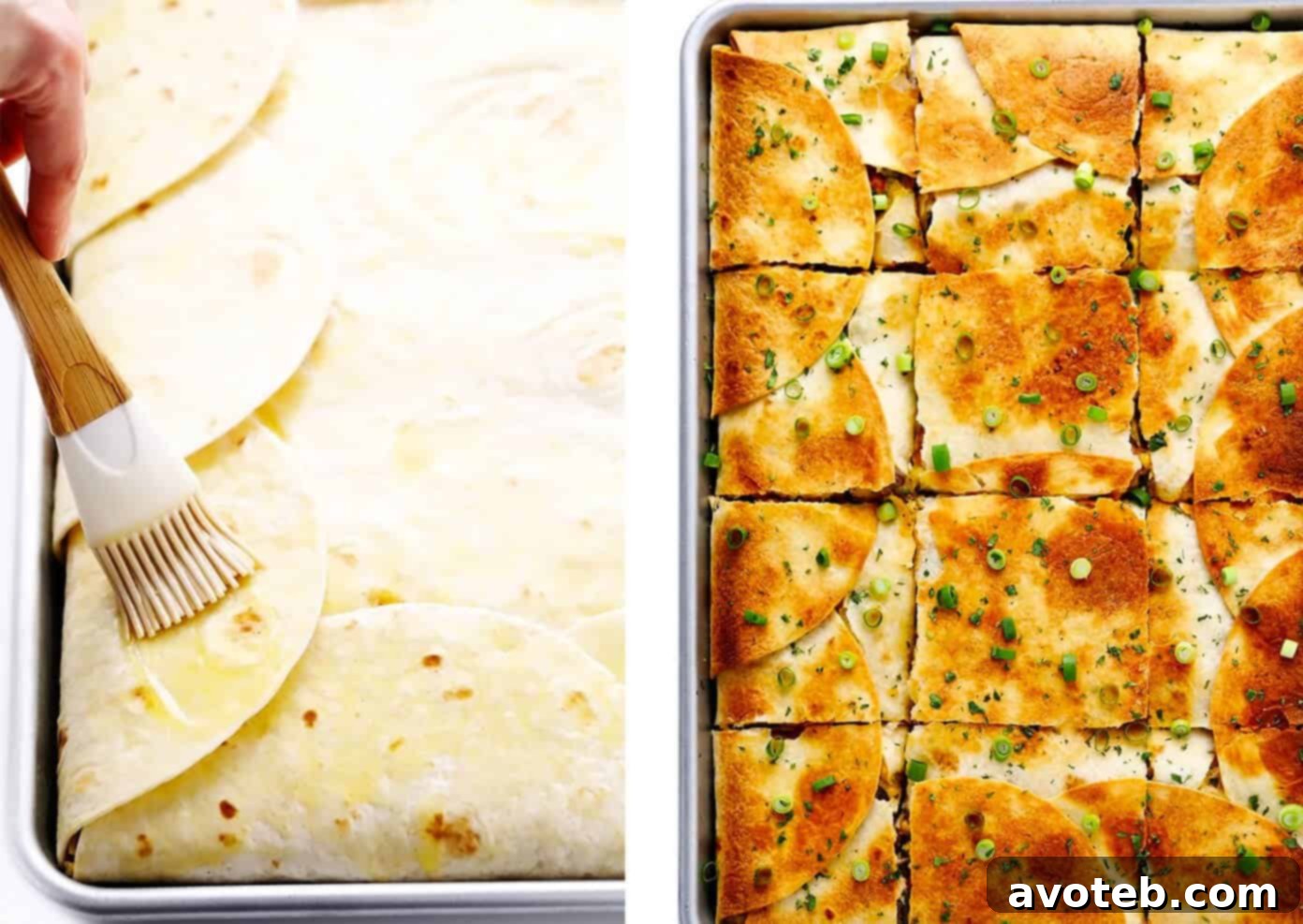This party-sized chicken sheet pan quesadilla recipe is filled with a zesty mix of cheese, beans, veggies and baked up in a large sheet pan to feed a crowd. Serve as an appetizer, dinner entrée or game day snack with guacamole, salsa, sour cream or any of your favorite dips and enjoy! | gimmesomeoven.com #chicken #quesadilla #mexican #gameday #dinner #party #appetizer #cheese Image showing the process of brushing melted butter onto the tortillas arranged on a sheet pan, preparing them for baking.