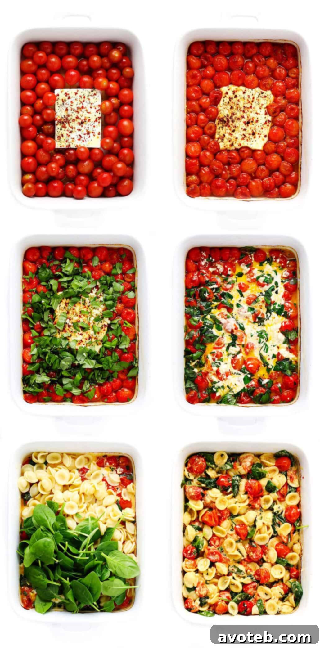 My spin on TikTok's famous baked feta pasta recipe is super-easy to make in the oven, featuring creamy melted feta cheese, burst cherry tomatoes, fresh spinach, and the yummiest garlic white wine basil sauce. Feel free to add a protein (chicken, shrimp, salmon, etc) or extra veggies too, and you're welcome to use gluten-free pasta to make this recipe gf. | gimmesomeoven.com #pasta #feta #cheese #vegetarian #dinner #easy #uunifetapasta #tomato #sauce Step-by-step tutorial showing how to make the viral TikTok baked feta pasta.