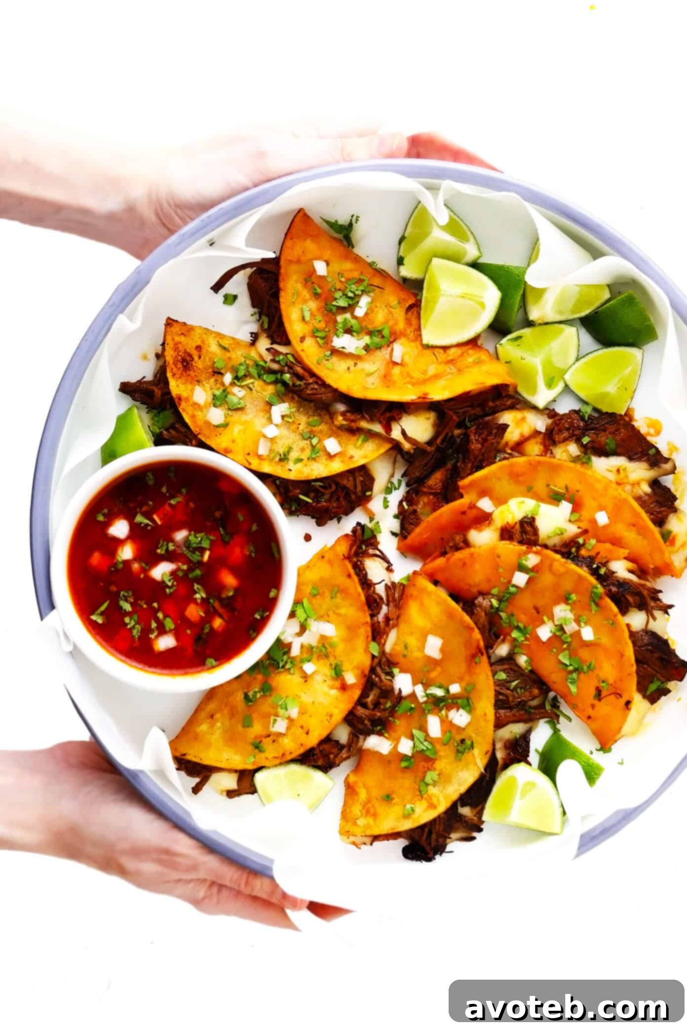 Birria Quesatacos with Limes and Dipping Sauce