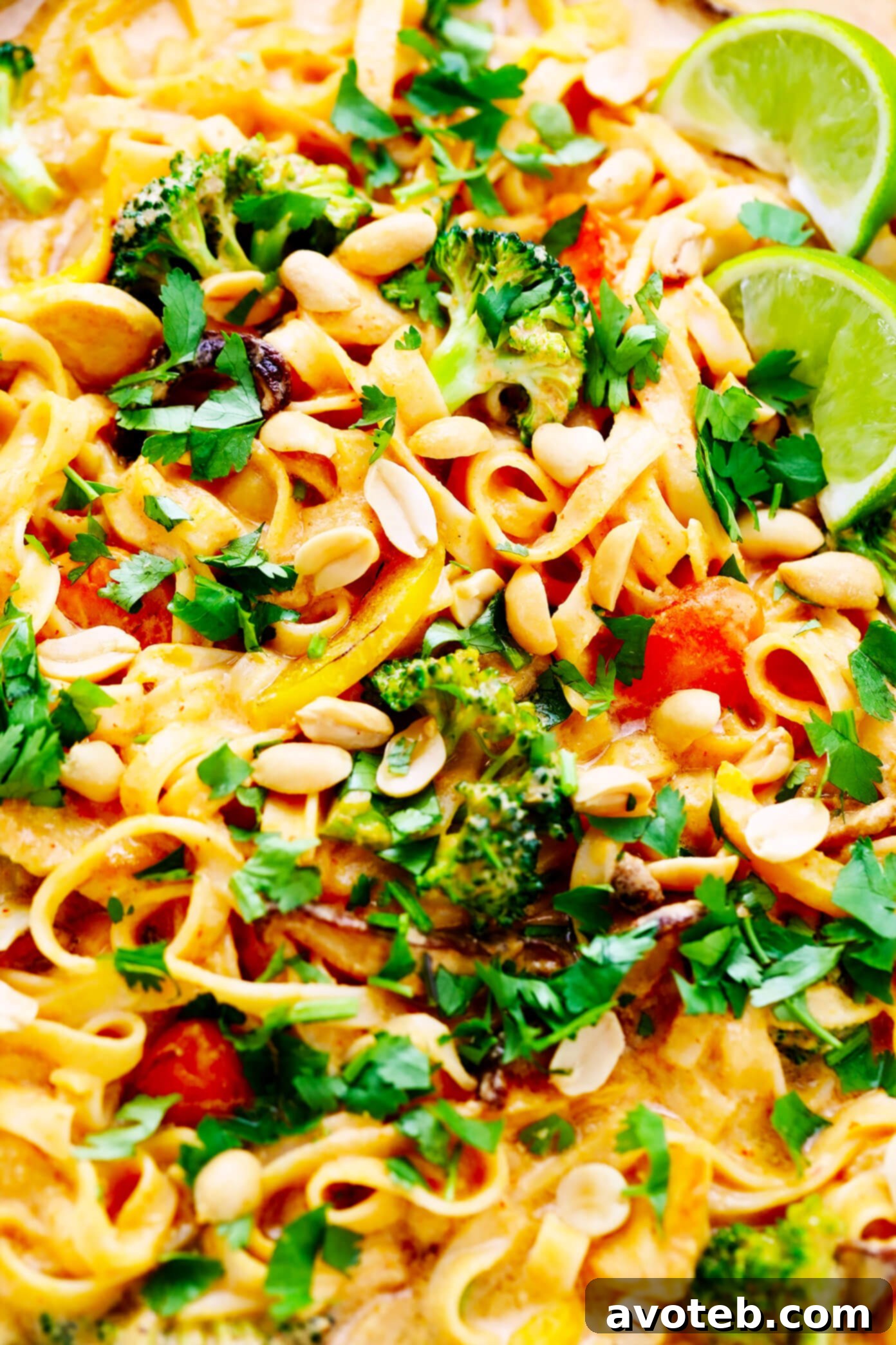 This Saucy Thai Curried Peanut Noodles is made with the yummiest creamy coconut curry peanut sauce and your choice of noodles, veggies and protein. A great 35-minute easy dinner recipe that's naturally gluten-free and easy to make vegetarian or vegan, if you'd like! | gimmesomeoven.com #curry #noodles #peanut #vegetable #chicken #healthy #stirfry #thai #sauce #dinner #pasta Closeup of Thai Curry Peanut Noodles garnished with fresh limes and cilantro.