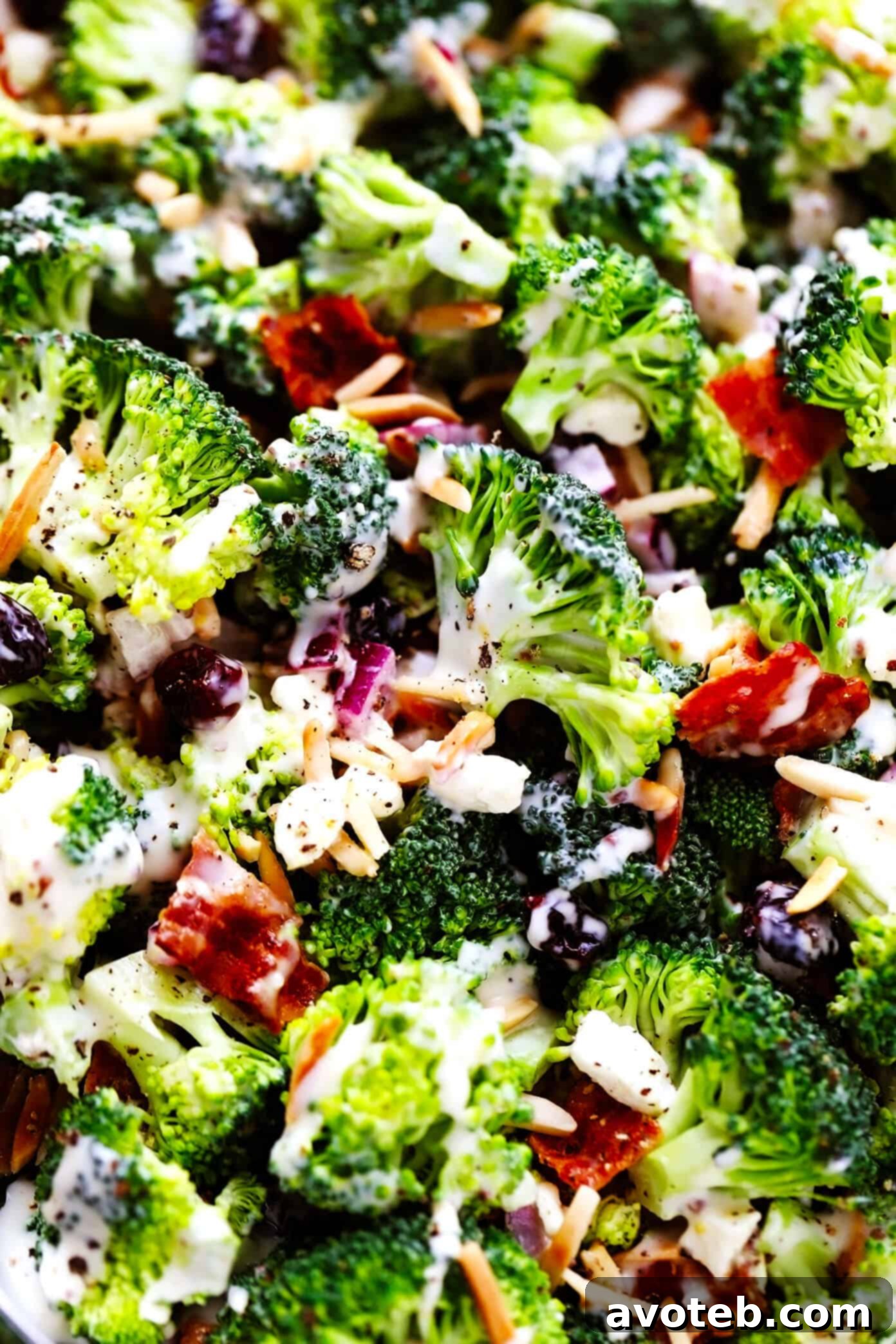 Closeup of Creamy Broccoli Salad with visible Bacon and Feta Cheese