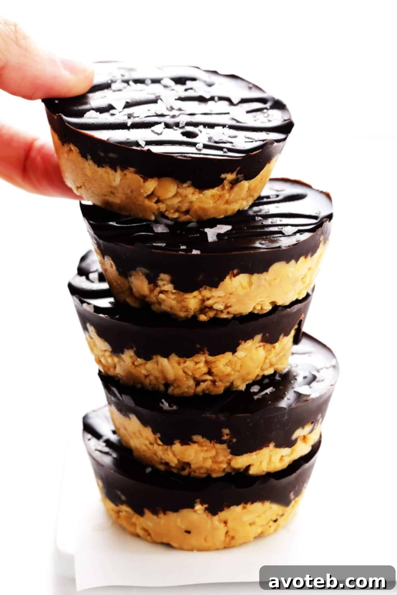 Delicious Salted Chocolate Peanut Butter Oat Cups stacked