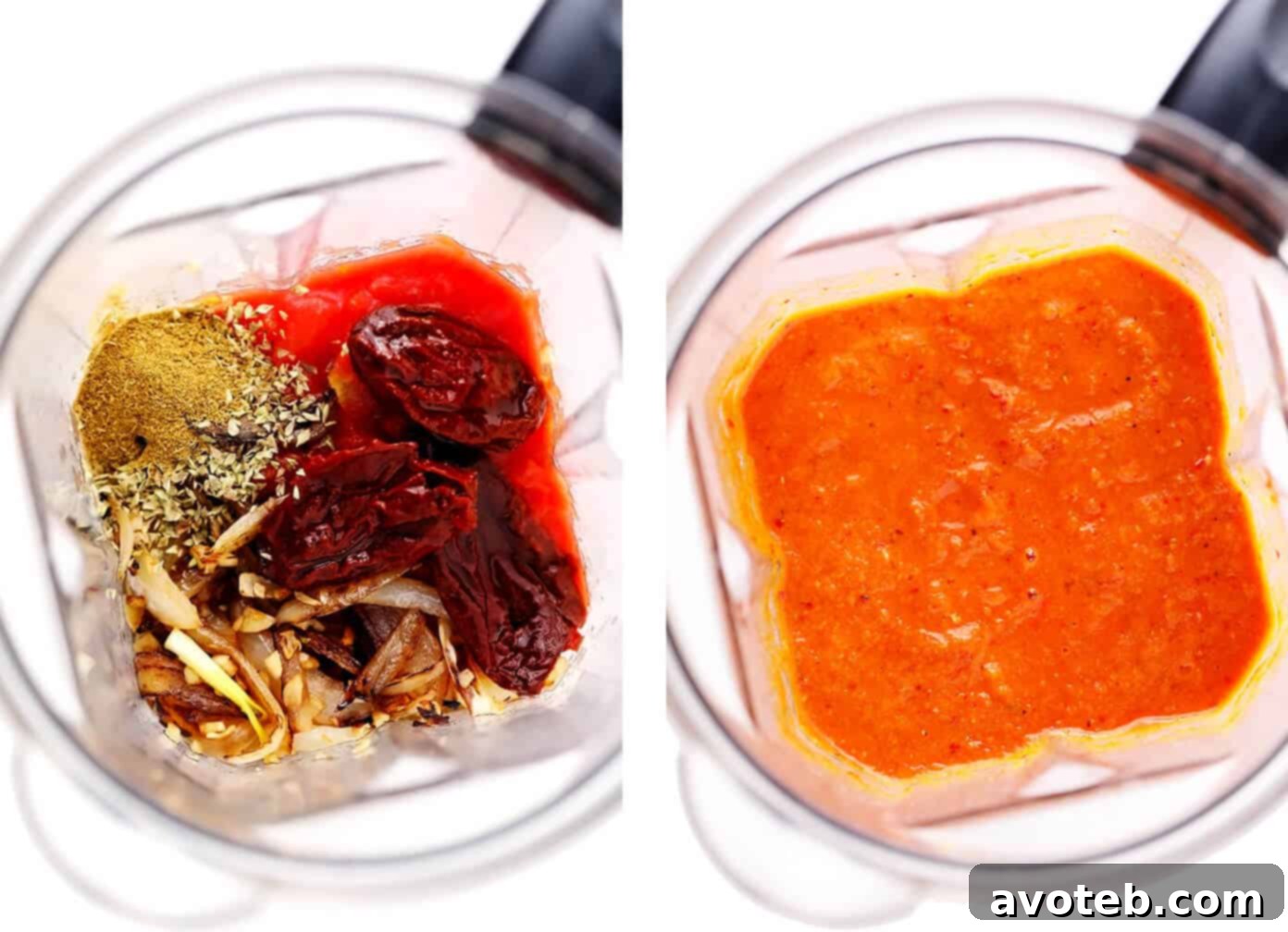 Steps showing how to blend the Chicken Tinga sauce in a blender