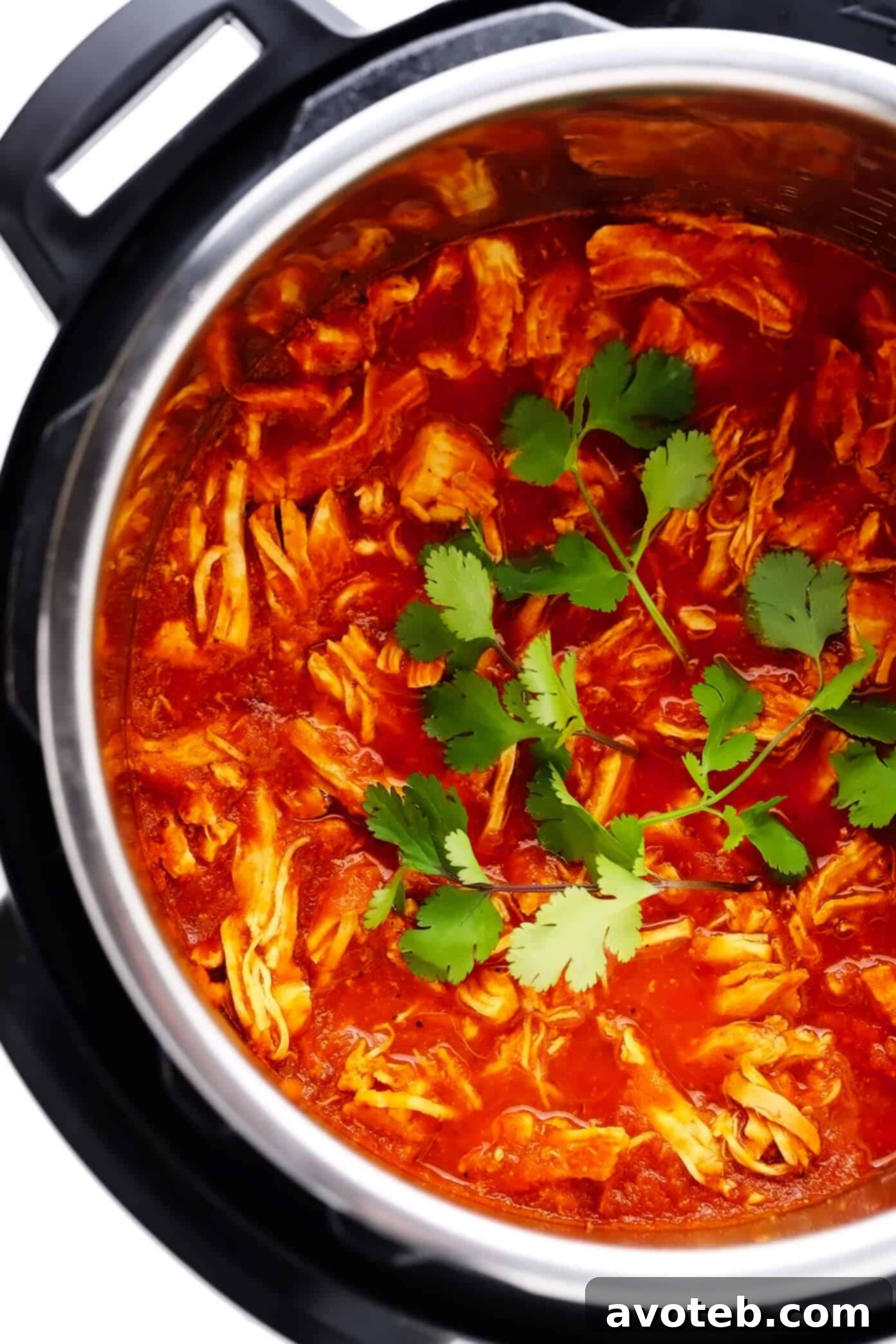 Instant Pot filled with Chicken Tinga, ready to be served