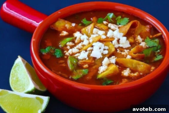 Delicious bowl of homemade Chicken Tortilla Soup with avocado and cheese