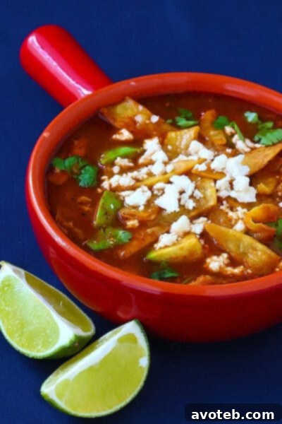 Close-up of Chicken Tortilla Soup with fresh toppings