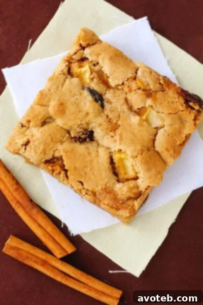 Close-up of a perfectly baked Apple Cinnamon Raisin Bar, showing its texture and ingredients.
