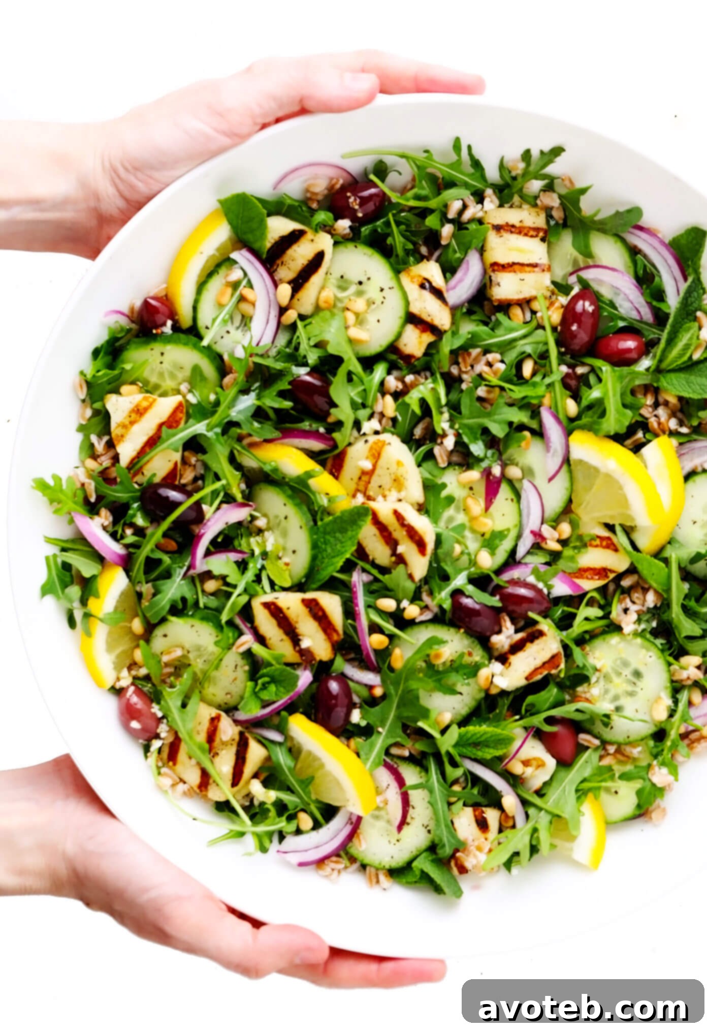 Grilled Halloumi Salad in Large Serving Bowl, ready to serve
