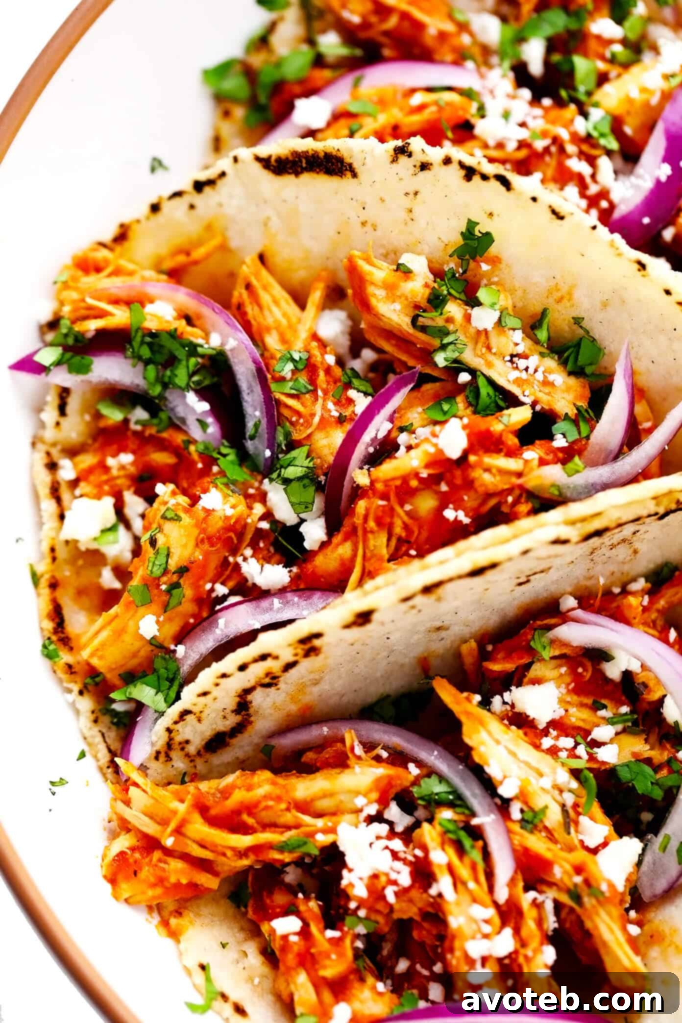These Chicken Tinga Tacos are made with smoky chipotle chicken, served on warm corn tortillas, and loaded up with your favorite fresh toppings (such as avocado, cilantro, pickled red onions, cheese and more). Feel free to add refried beans or guacamole too, if you'd like. Always a delicious Mexican dinner recipe, and one that's ready to go in just over 30 minutes! Chicken Tinga Tacos Closeup