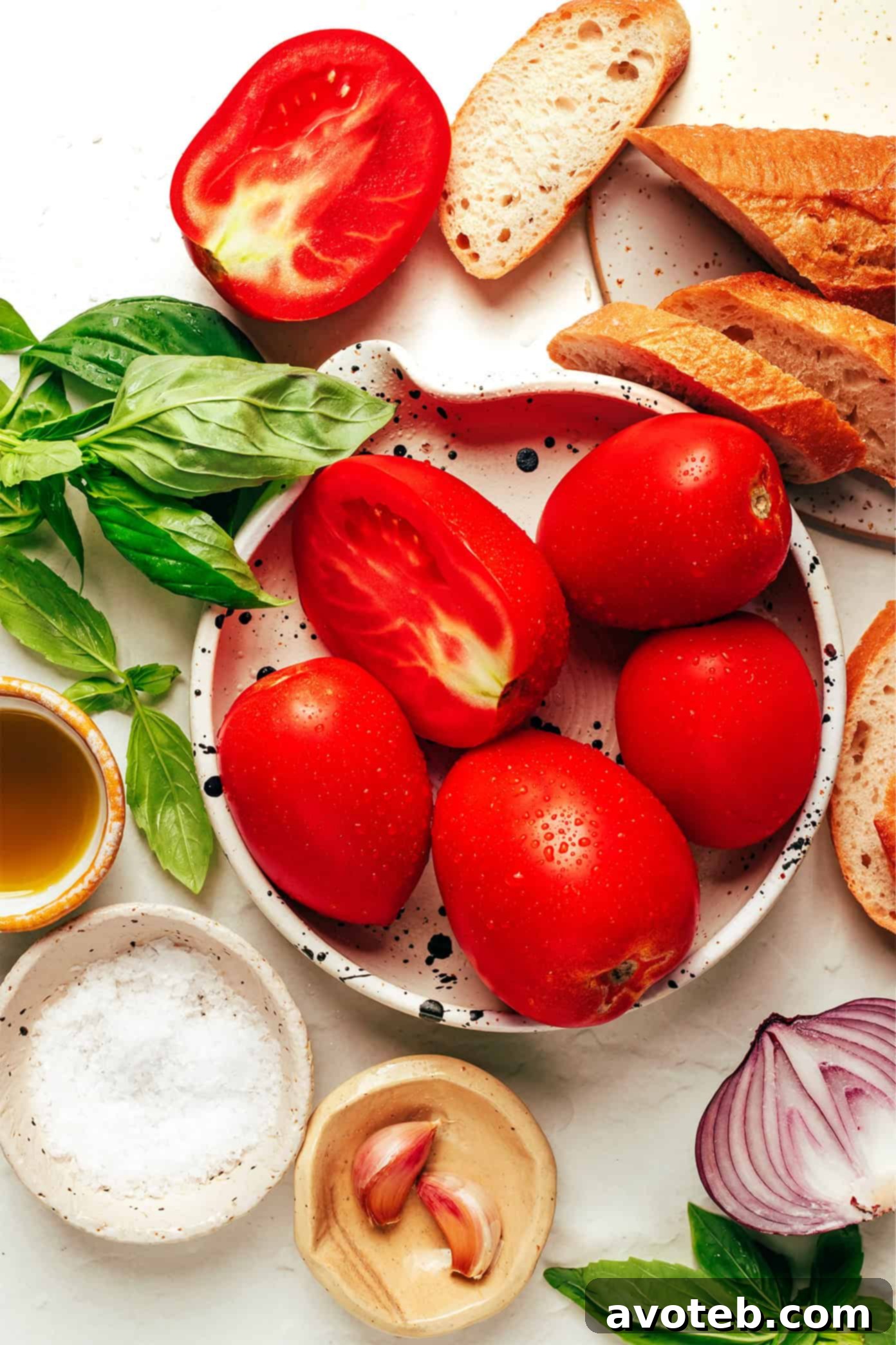 Second image of bruschetta ingredients, showcasing fresh tomatoes, basil, and olive oil