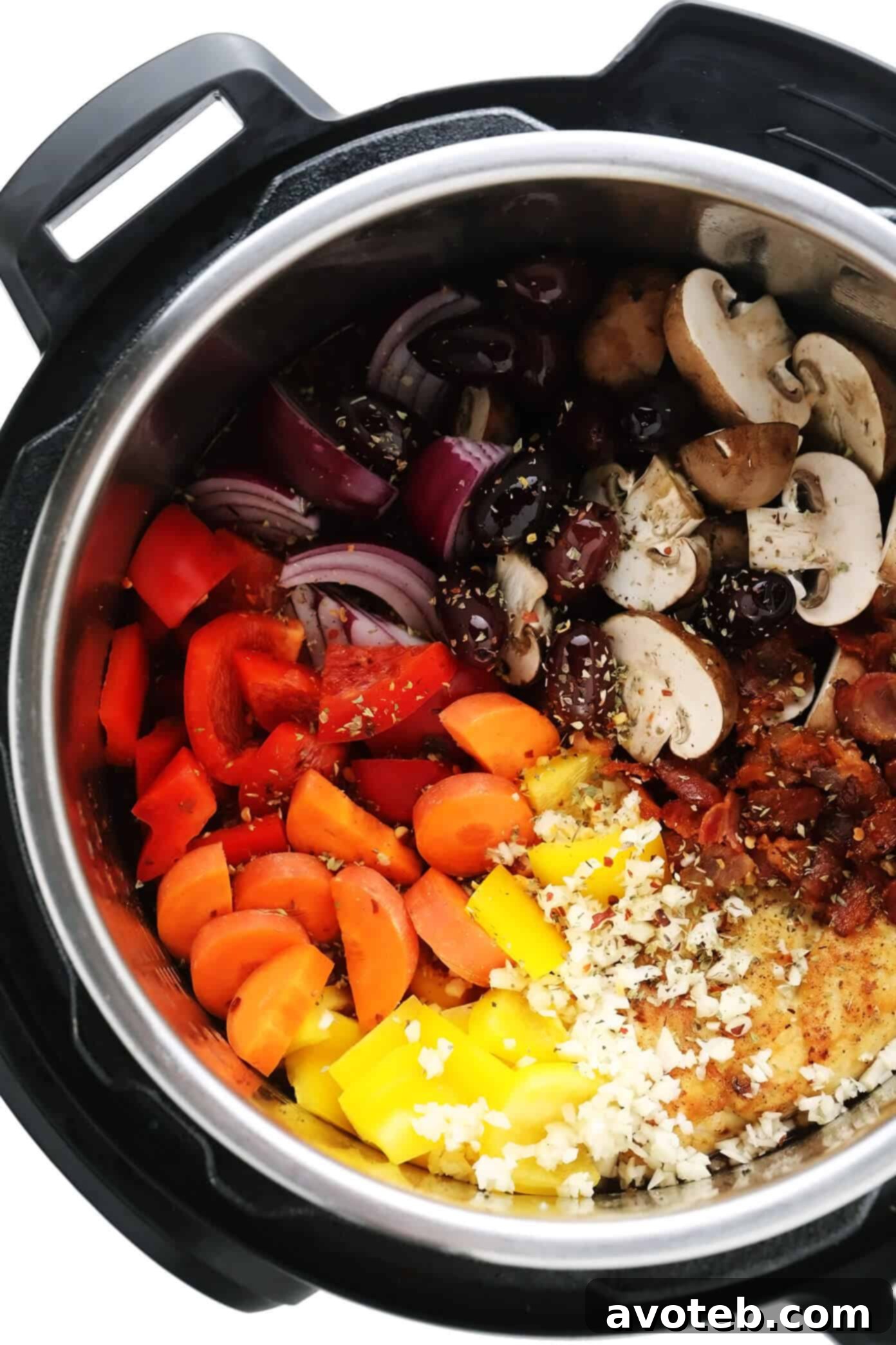 Chicken Cacciatore Ingredients Arranged in an Instant Pot