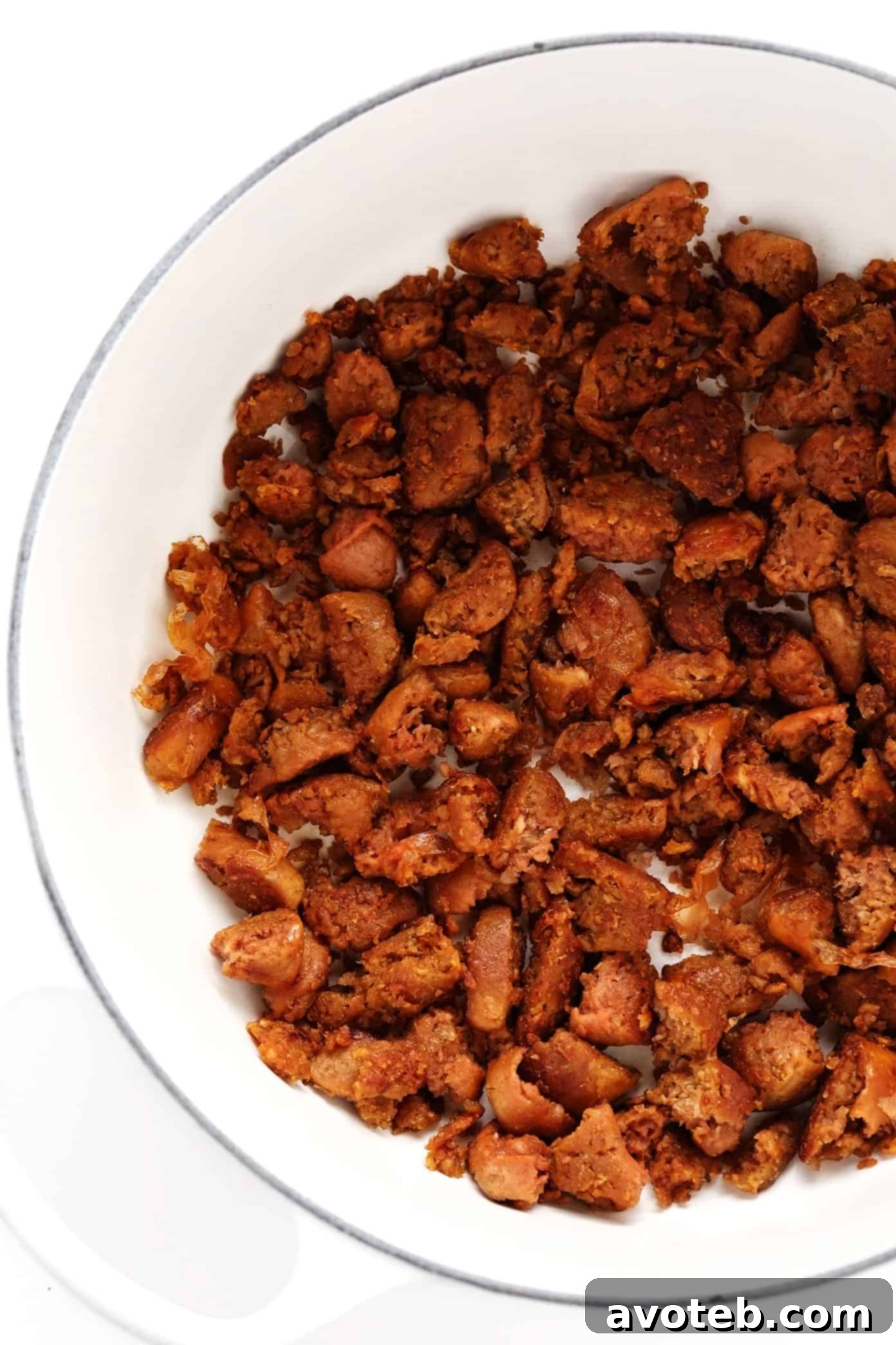 Beyond Sausage, crumbled and browned, for a vegetarian or vegan sweet potato soup. | gimmesomeoven.com Crumbled plant-based sausage ready for creamy sweet potato soup