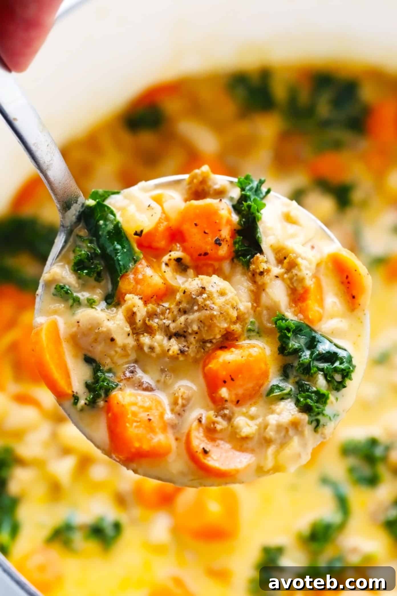 A ladle lifts a generous portion of creamy sweet potato and sausage soup, showcasing its rich texture. | gimmesomeoven.com Ladle of creamy sweet potato and sausage soup being served