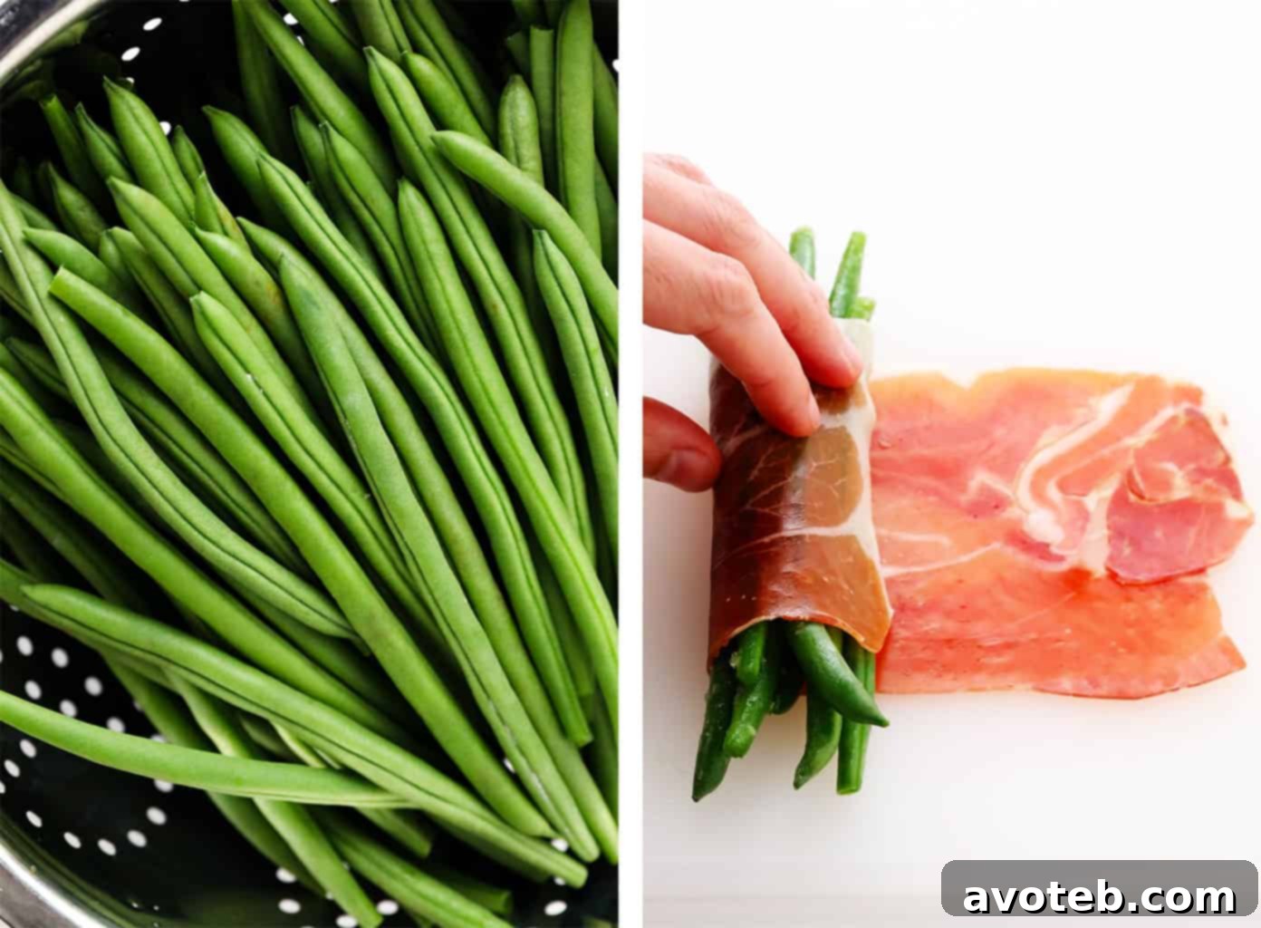 Detailed view of fresh haricot vert green beans and the process of wrapping them in prosciutto for bundles.