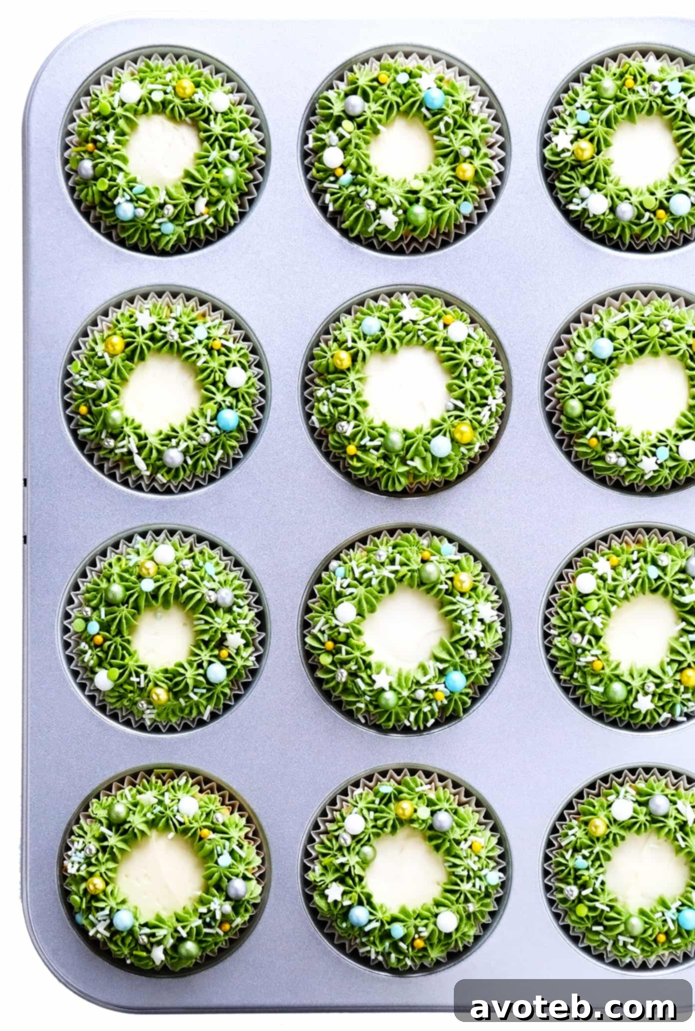 Christmas Wreath Cupcakes with green frosting and red sprinkles
