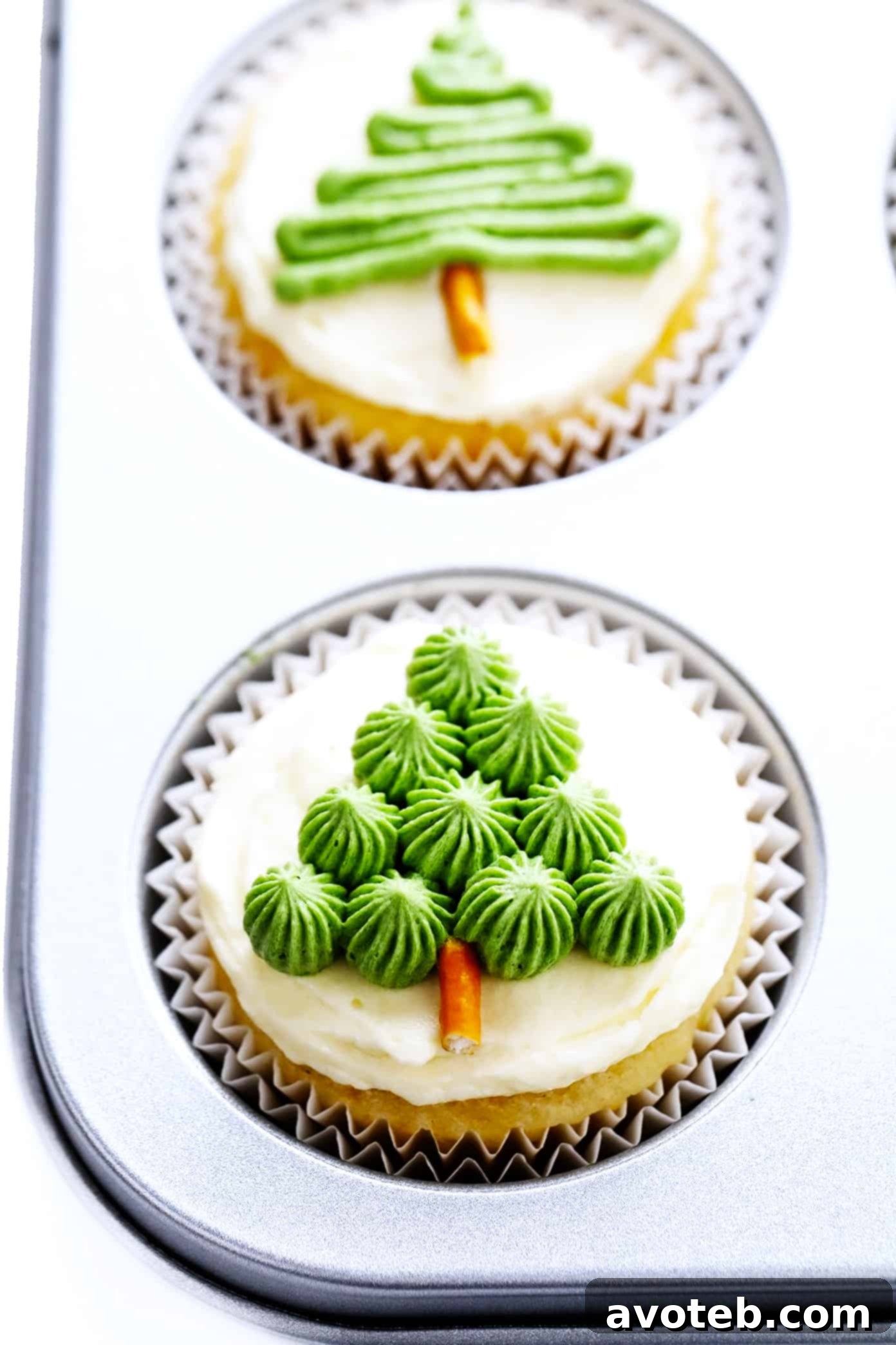 Easy Christmas Tree Cupcakes baking in a muffin pan