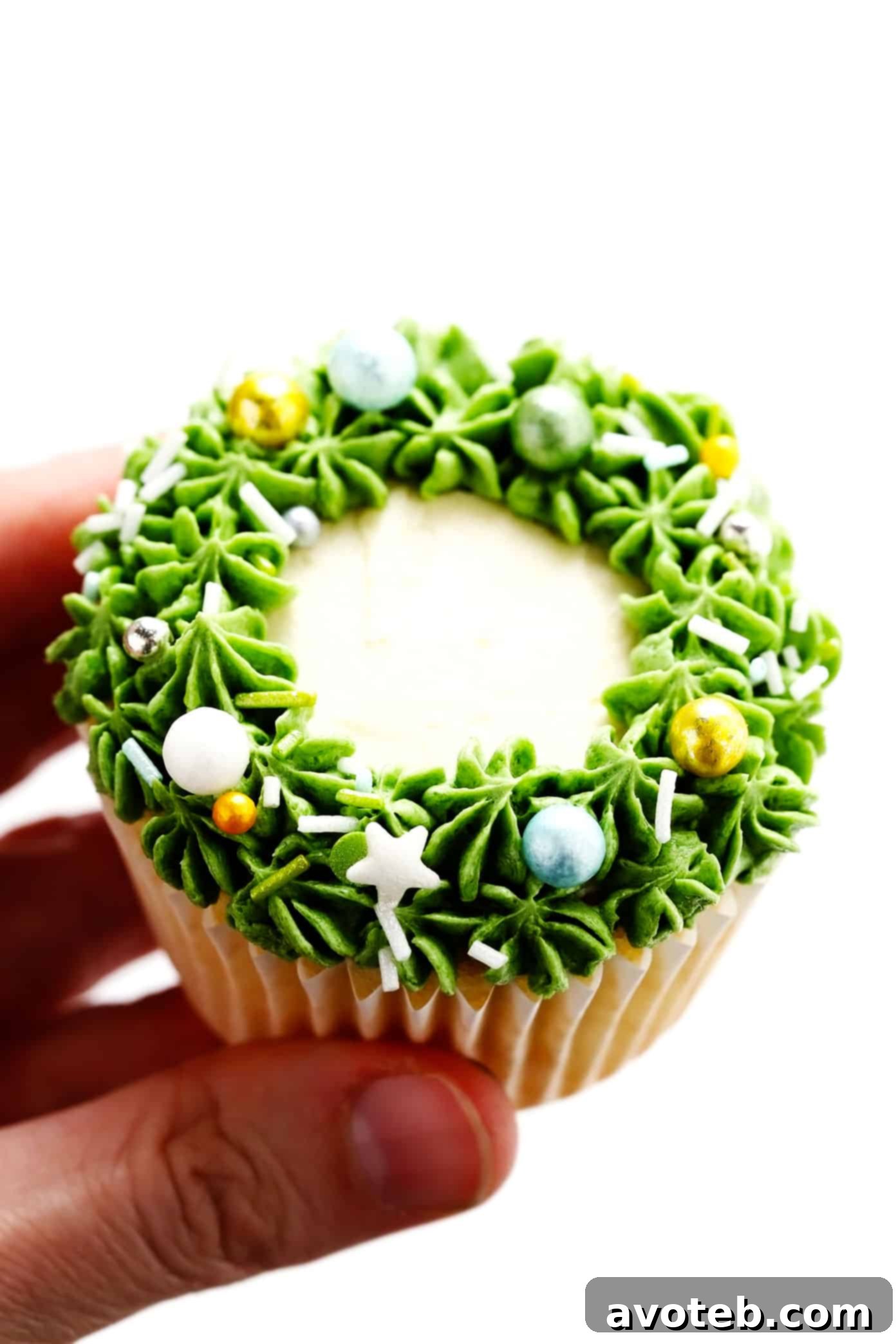 Closeup of a decorated Christmas Wreath Cupcake