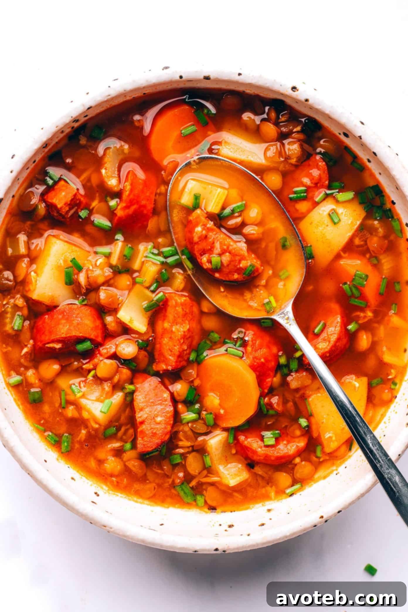 Delicious Spanish Chorizo Lentil Stew in a bowl, garnished with fresh herbs, ready to be served.