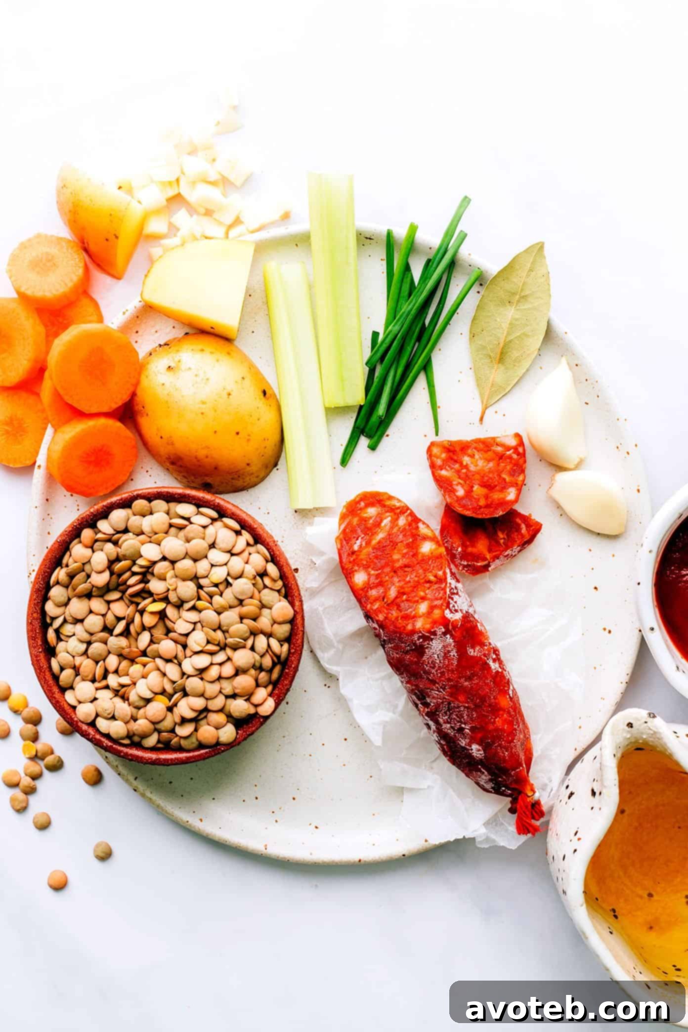 Fresh ingredients for Spanish Chorizo Lentil Stew laid out: carrots, potatoes, garlic, celery, chives, bay leaf, tomato paste, and broth.