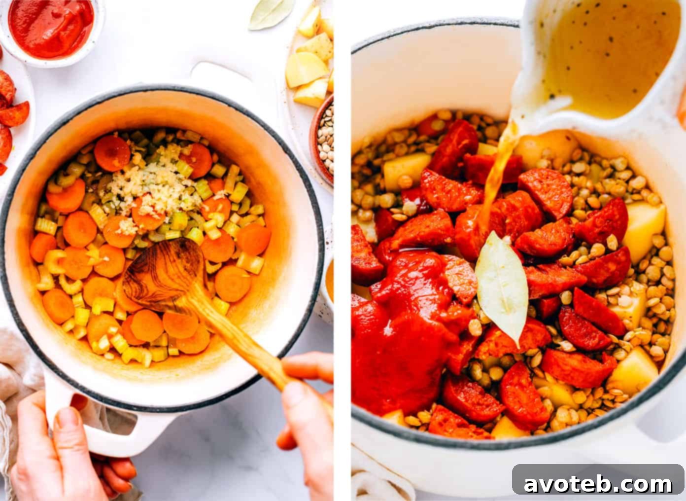 Cooking process of Spanish Chorizo Lentil Soup, showing ingredients in a pot.