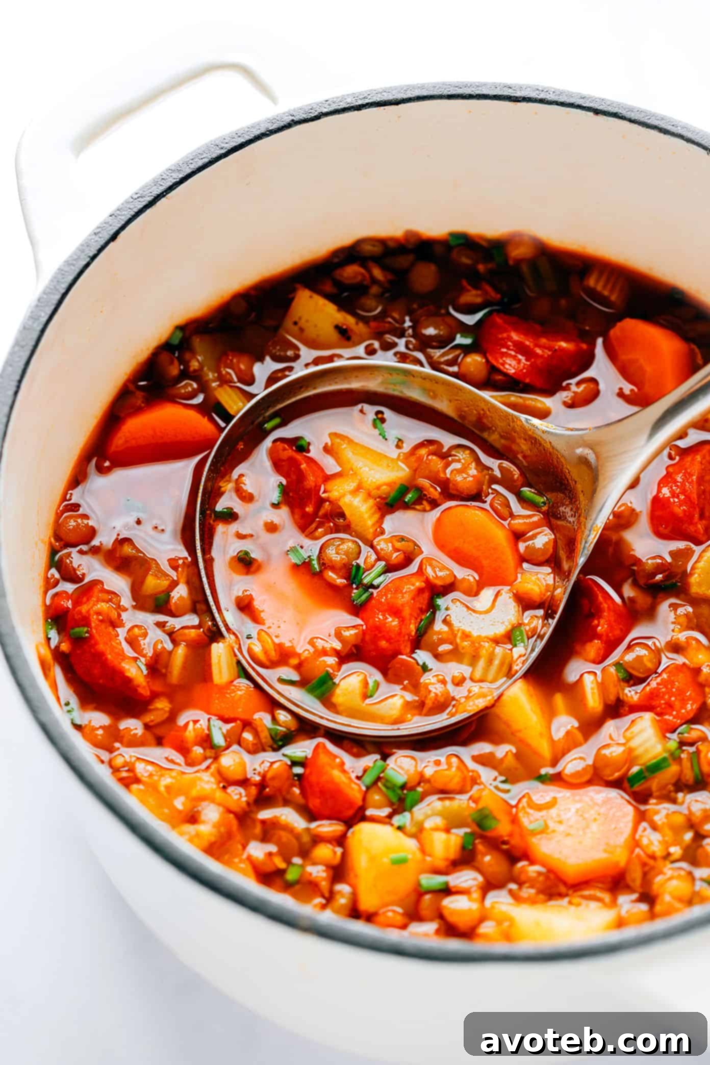 Pot of Spanish Chorizo Lentil Soup with a ladle, ready to be served.