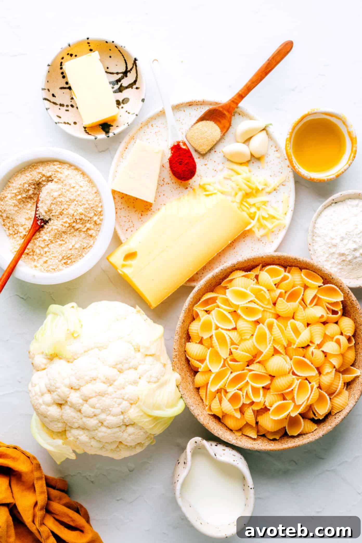 Roasted Cauliflower Mac and Cheese Ingredients laid out