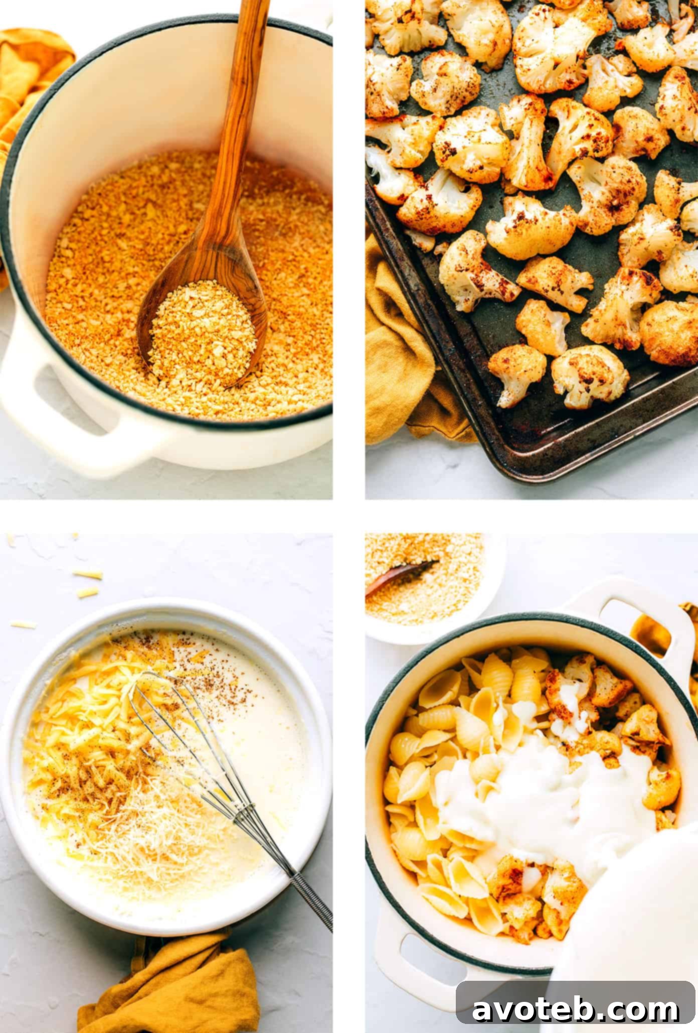 Steps for making roasted cauliflower mac and cheese